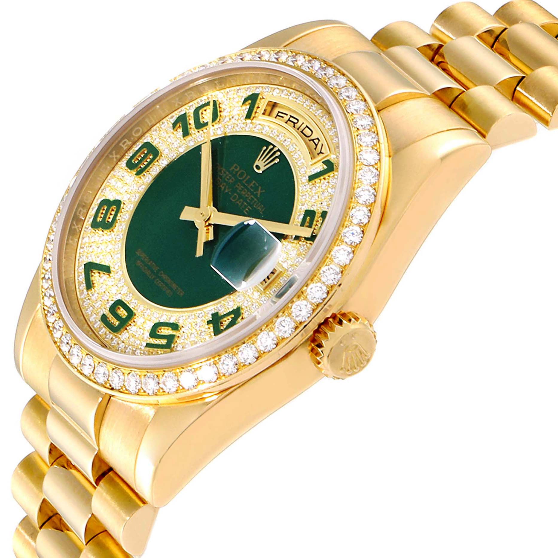 This image shows a side angle of a Rolex President 118348 Men's Yellow Gold Green Dial 118348 Men's Yellow Gold Green Dial model watch, highlighting its gold case, crown, green dial, and diamond bezel.