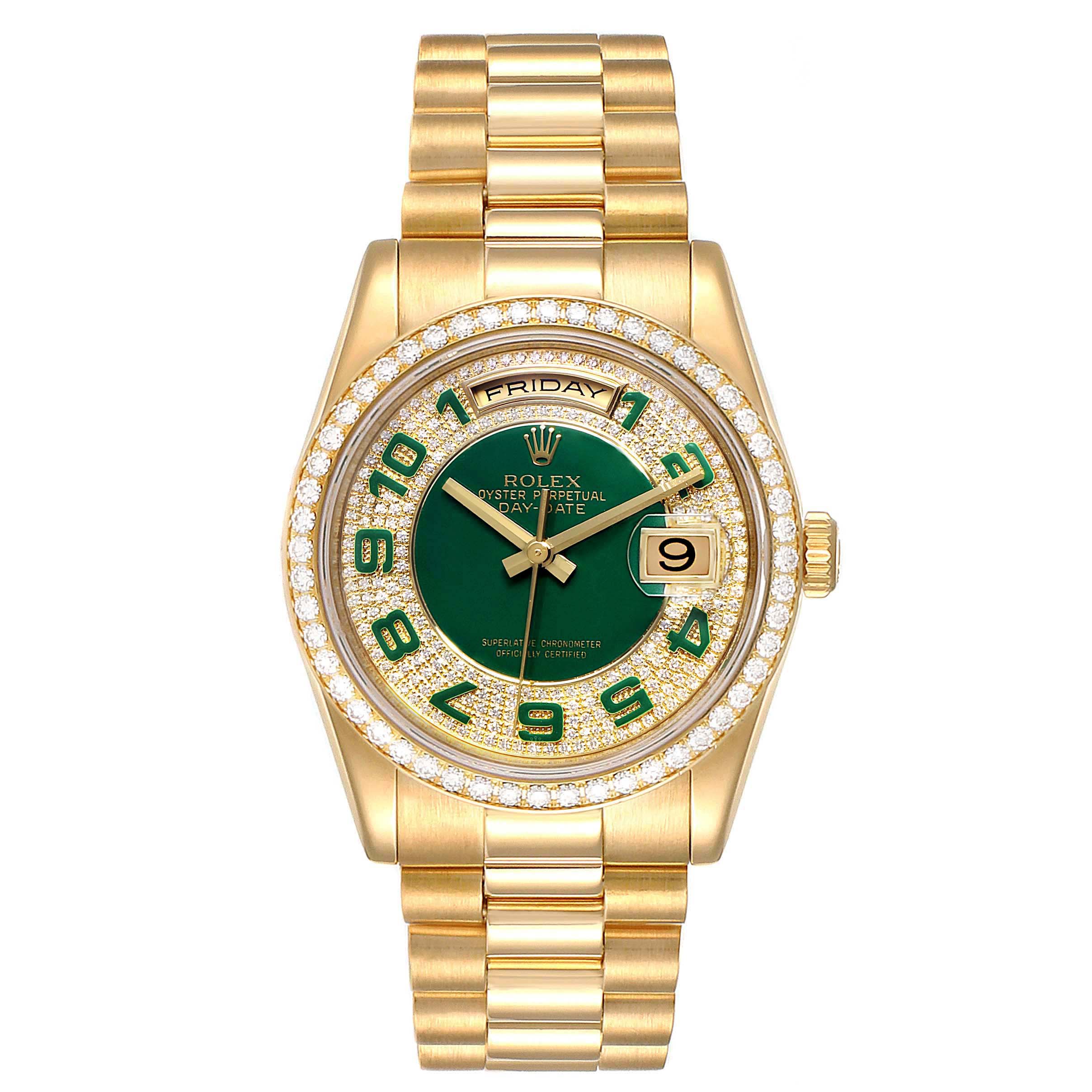 This Rolex President 118348 Men's Yellow Gold Green Dial 118348 Men's Yellow Gold Green Dial model watch is shown from the front, displaying the dial, bezel, bracelet, and date window.