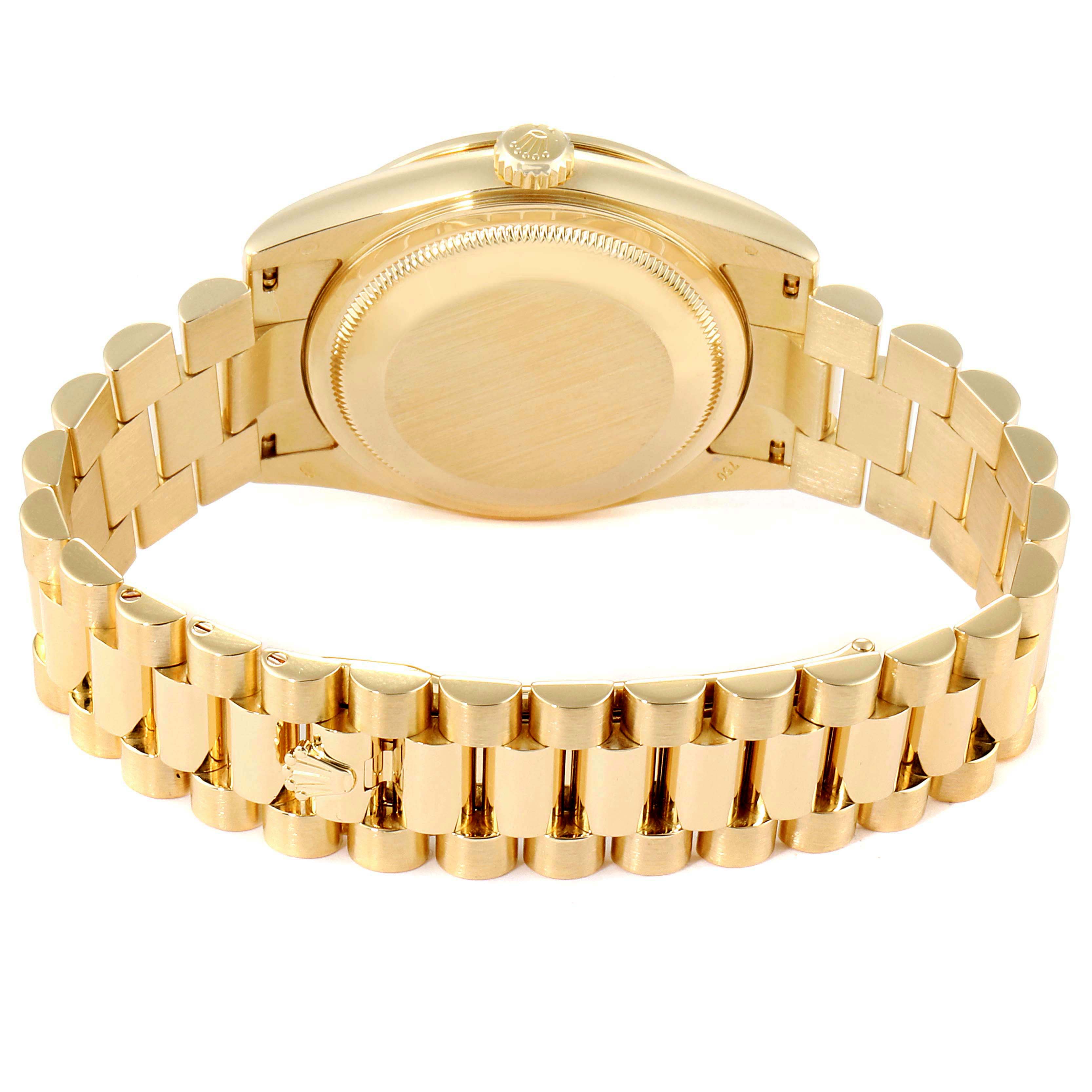 The image shows the backside, caseback, crown, and bracelet of a Rolex President 118348 Men's Yellow Gold Green Dial 118348 Men's Yellow Gold Green Dial model watch.