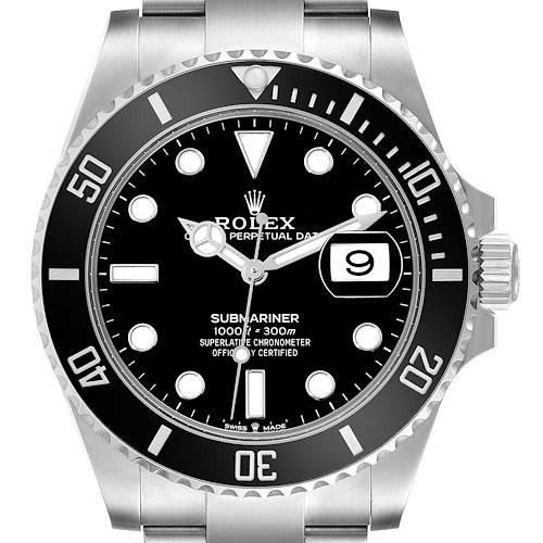 This image shows the front view of a Rolex Submariner 126610LN Men's Stainless Steel Black Dial 126610LN Men's Stainless Steel Black Dial watch, focusing on the black dial, bezel, and the Oyster bracelet.