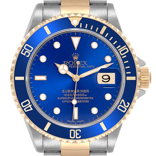 The Rolex Submariner 16613 Men's Steel and Gold (two tone) Blue Dial 16613 Men's Steel and Gold (two tone) Blue Dial watch is shown from the front, highlighting its blue dial, bezel, and two-tone bracelet.