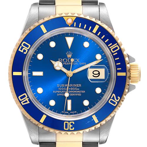 This is a front-facing view of a Rolex Submariner 16613 Men's Steel and Gold (two tone) Blue Dial 16613 Men's Steel and Gold (two tone) Blue Dial watch, showing the face, bezel, and part of the bracelet.