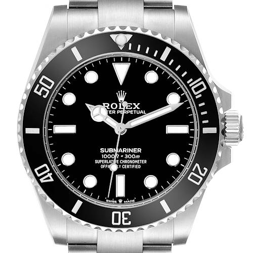 This image shows a front view of the Rolex Submariner 124060 Men's Stainless Steel Black Dial 124060 Men's Stainless Steel Black Dial, highlighting its black dial, bezel, and metal bracelet.