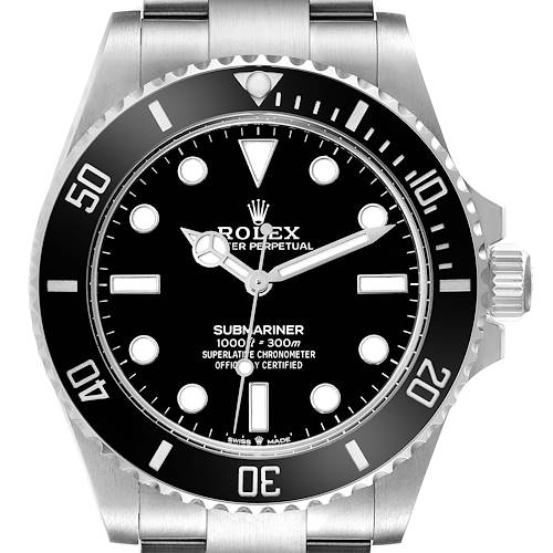 This image shows a front view of a Rolex Submariner 124060 Men's Stainless Steel Black Dial 124060 Men's Stainless Steel Black Dial watch, highlighting its black dial, bezel, and stainless steel case.
