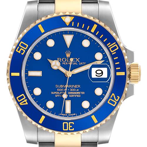 The image shows a front view of a Rolex Submariner 116613 Men's Steel and Gold (two tone) Blue Dial 116613 Men's Steel and Gold (two tone) Blue Dial, highlighting its blue dial, gold bezel, and date feature.