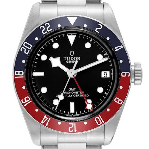 The image shows a front angle of the Tudor Heritage Black Bay 79830RB Men's Stainless Steel Black Dial 79830RB Men's Stainless Steel Black Dial watch, highlighting the bezel, dial, hands, and date window.