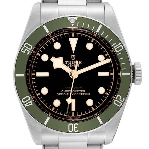 The image shows a frontal view of the Tudor Heritage Black Bay 79230G Men's Stainless Steel Black Dial 79230G Men's Stainless Steel Black Dial watch with a black dial, green bezel, and stainless steel bracelet.