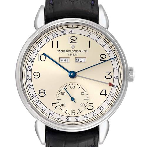 The image shows a Vacheron Constantin Historiques 3110V/000A-B426 Men's Stainless Steel Beige Dial 3110V/000A-B426 Men's Stainless Steel Beige Dial watch, displaying the face, dial, hands, and part of the strap, viewed from the front.
