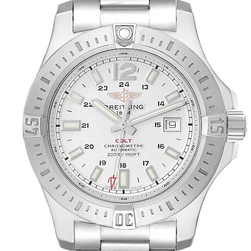 This image shows a frontal view of the Breitling Colt A1738811/G791 Men's Stainless Steel Silver Dial A1738811/G791 Men's Stainless Steel Silver Dial watch, highlighting the dial, bezel, and bracelet.