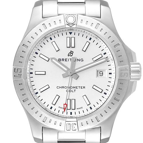 This Breitling Colt A17313 Men's Stainless Steel Silver Dial A17313 Men's Stainless Steel Silver Dial watch is shown from a top-down angle, displaying the face, bezel, and part of the strap.