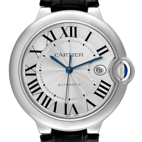 The image shows a front view of the Cartier Ballon Bleu W69016Z4 Men's Stainless Steel Silver Dial W69016Z4 Men's Stainless Steel Silver Dial watch, highlighting its dial, hands, Roman numerals, and date window.