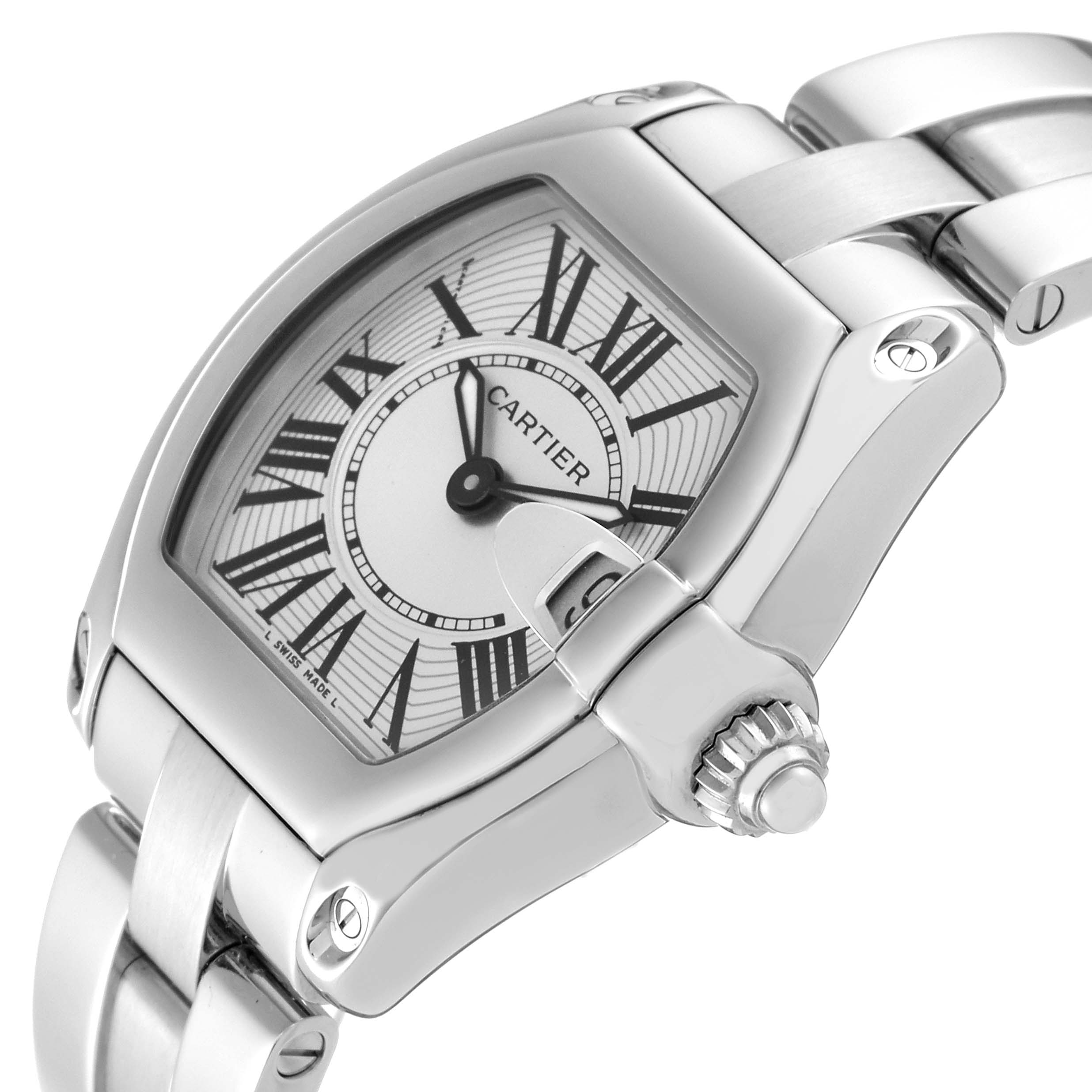 The image shows a close-up angle of a Cartier Roadster W62016V3 Women's Stainless Steel Silver Dial W62016V3 Women's Stainless Steel Silver Dial watch focusing on its face, crown, and part of the bracelet.