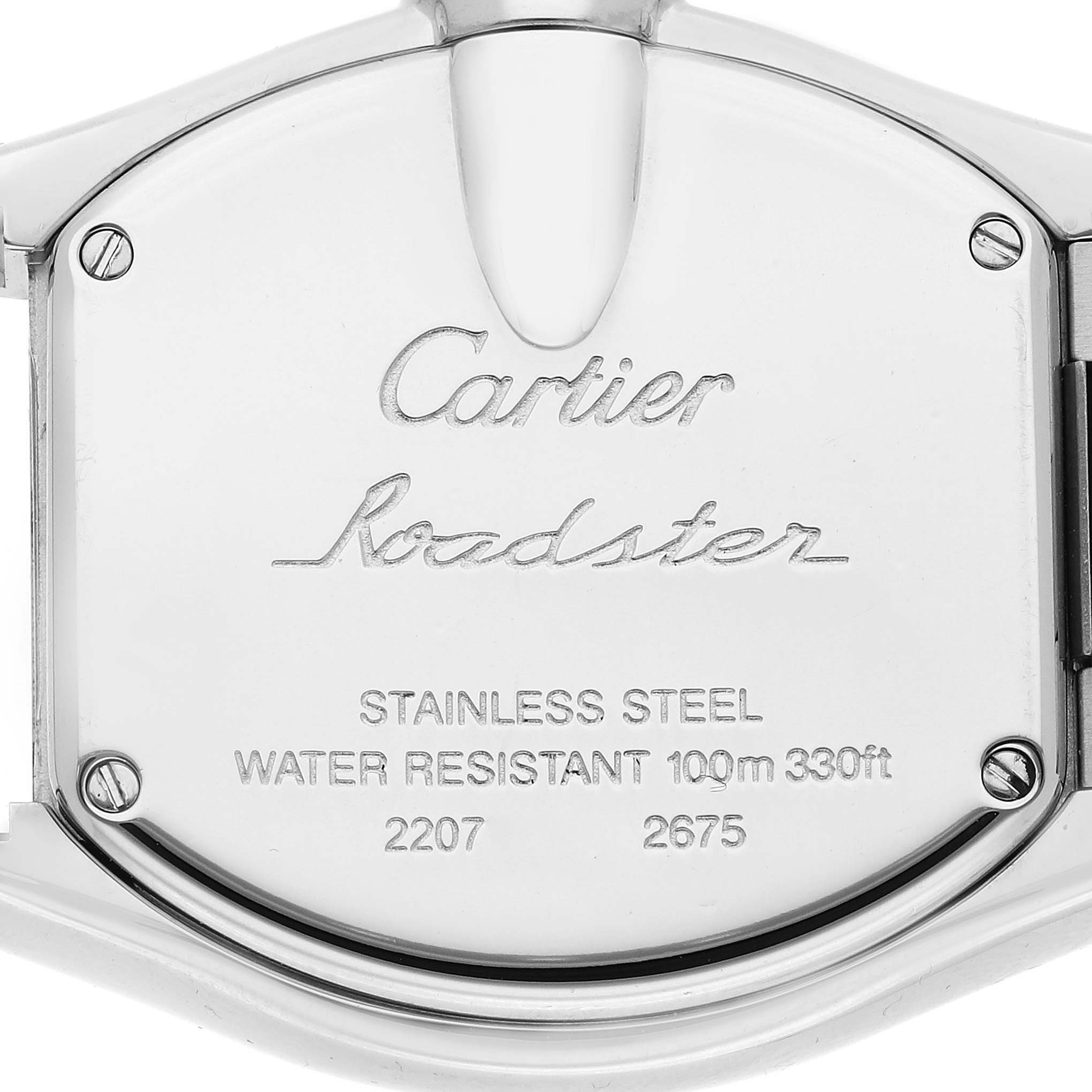 The image shows the stainless steel case back of a Cartier Roadster W62016V3 Women's Stainless Steel Silver Dial W62016V3 Women's Stainless Steel Silver Dial watch, detailing water resistance and model numbers.