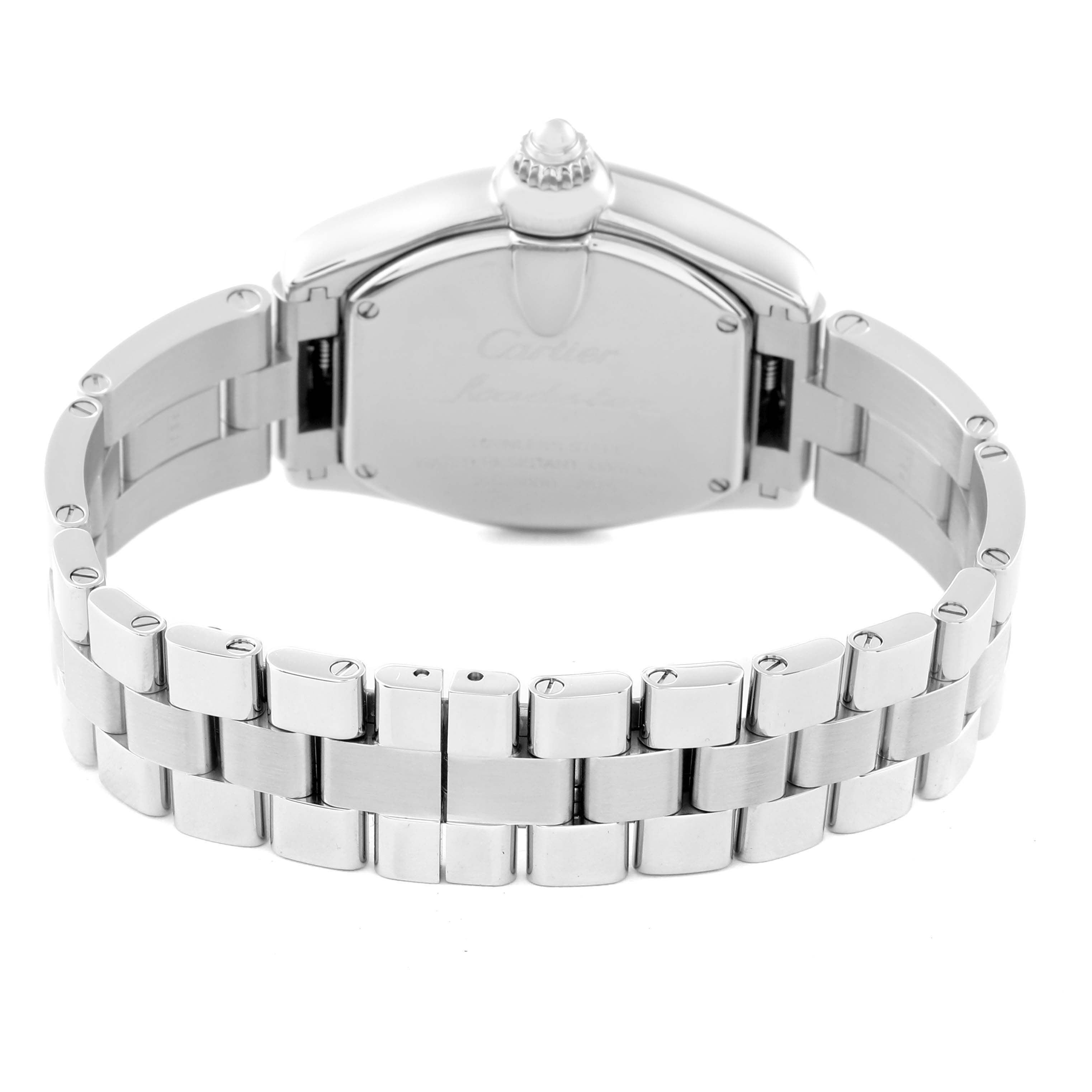 This image shows the back case and bracelet of the Cartier Roadster W62016V3 Women's Stainless Steel Silver Dial W62016V3 Women's Stainless Steel Silver Dial watch at an almost top-down angle.