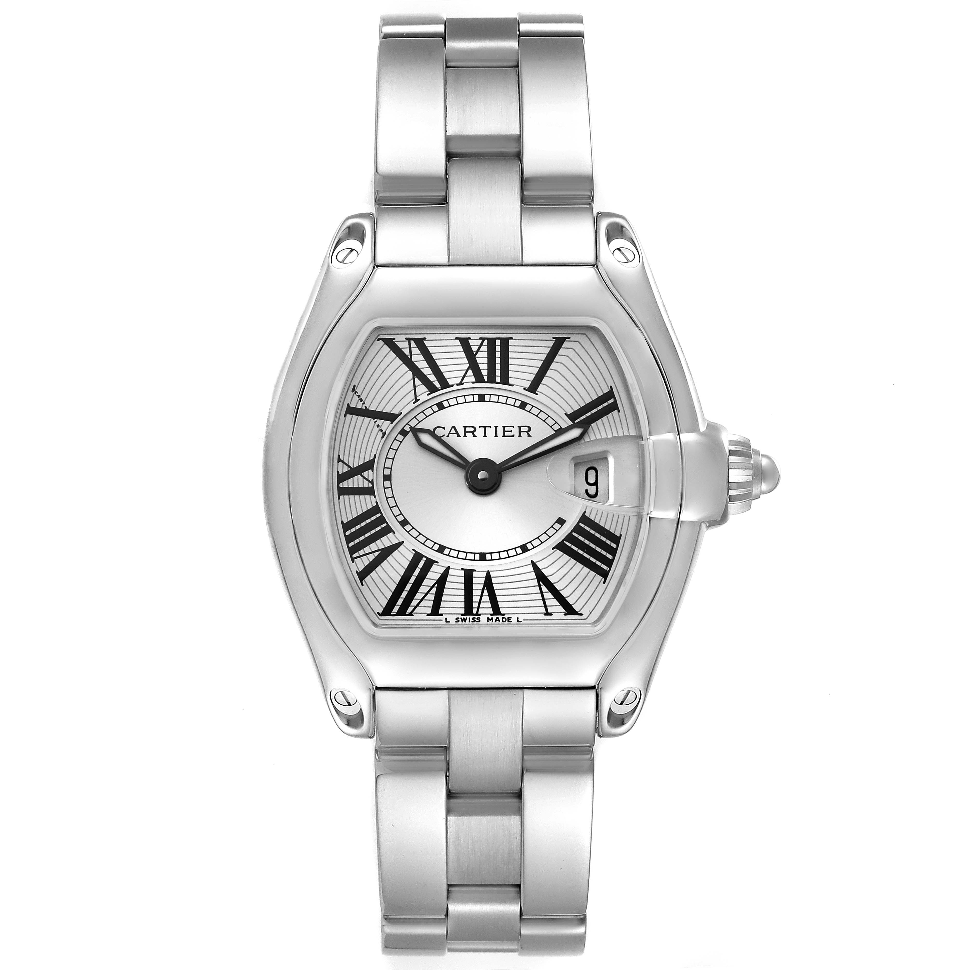 This image shows a front view of the Cartier Roadster W62016V3 Women's Stainless Steel Silver Dial W62016V3 Women's Stainless Steel Silver Dial watch, highlighting the face, bracelet, and crown.