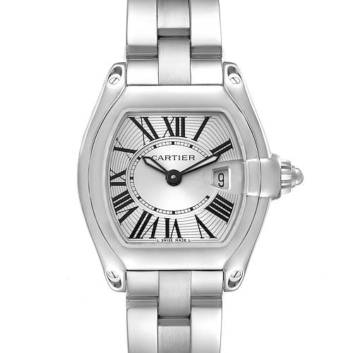 This image shows a front view of the Cartier Roadster W62016V3 Women's Stainless Steel Silver Dial W62016V3 Women's Stainless Steel Silver Dial watch, highlighting its face, case, and part of the bracelet.