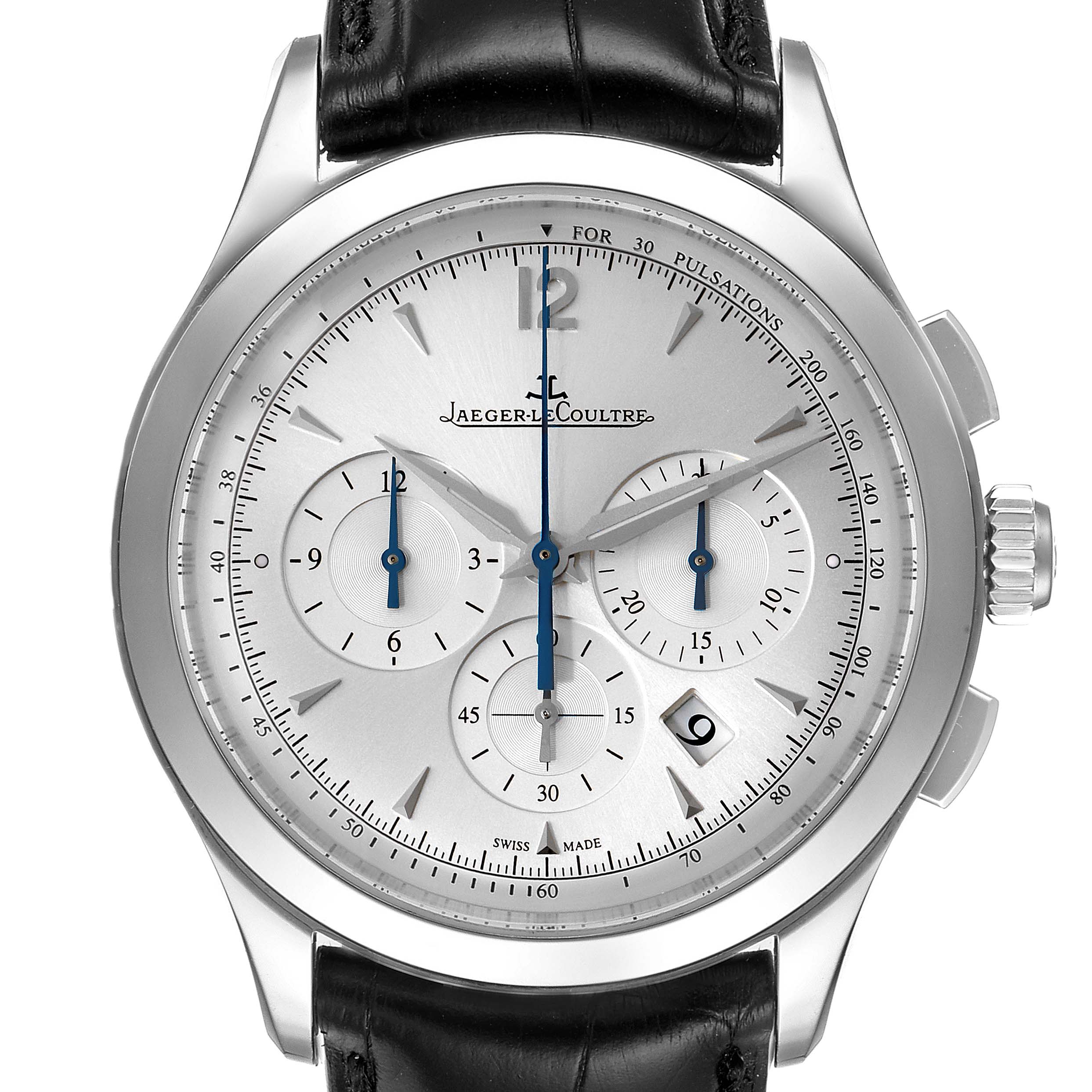 This Jaeger-LeCoultre Master model watch is shown from the front, displaying its dial, sub-dials, and leather strap.