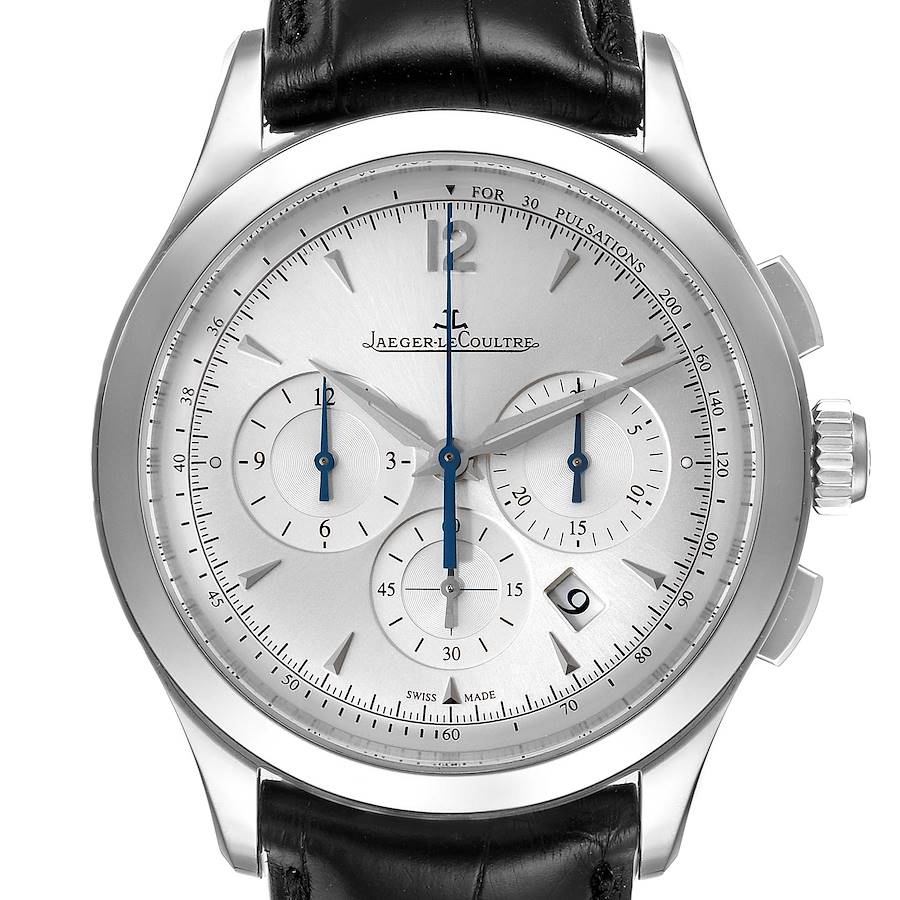 This Jaeger-LeCoultre Master model watch is shown from the front, displaying its dial, sub-dials, and leather strap.