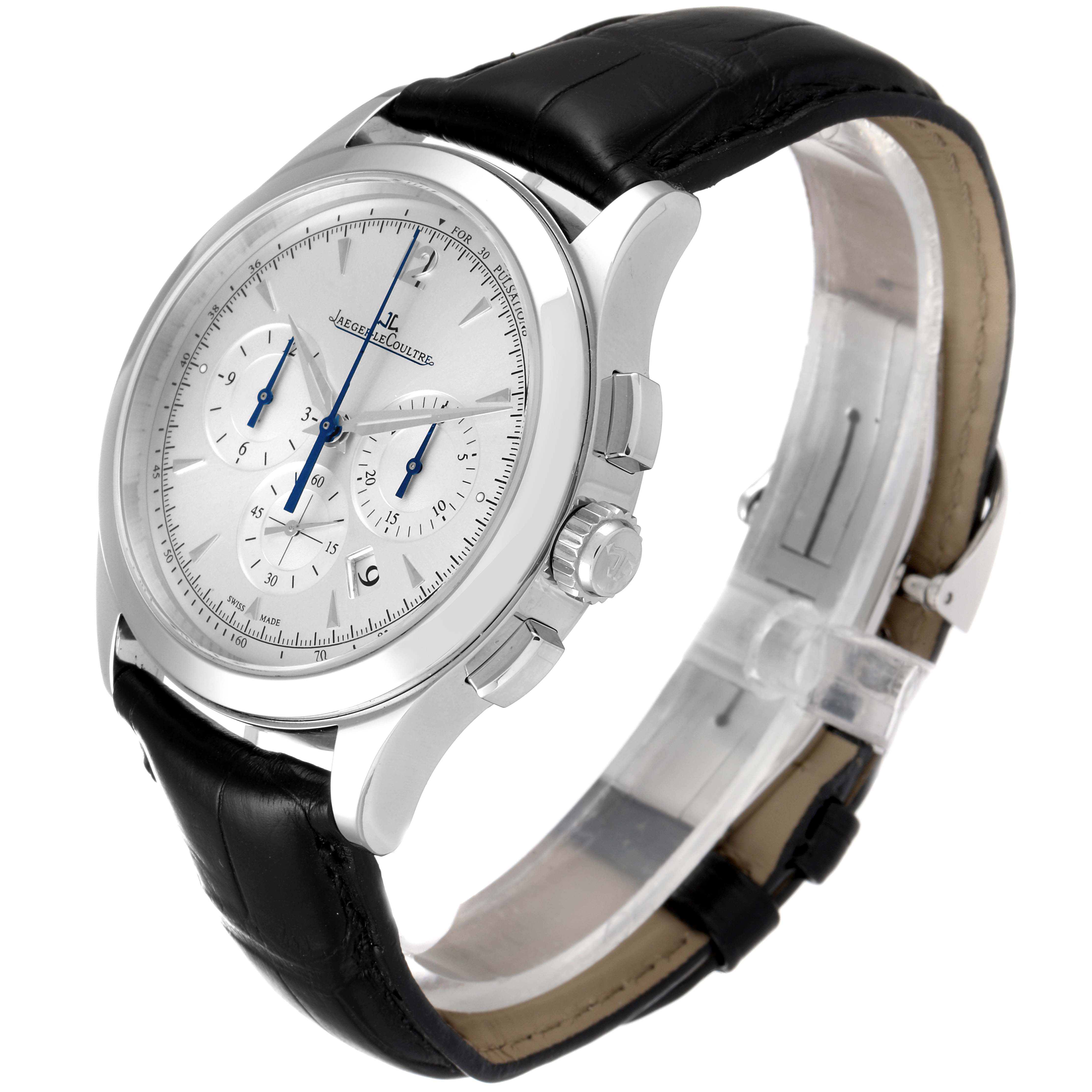 The Jaeger LeCoultre Master Q1538420 Men's Stainless Steel Silver Dial Q1538420 Men's Stainless Steel Silver Dial model watch is shown at a three-quarter angle displaying its dial, crown, and chronograph pushers.