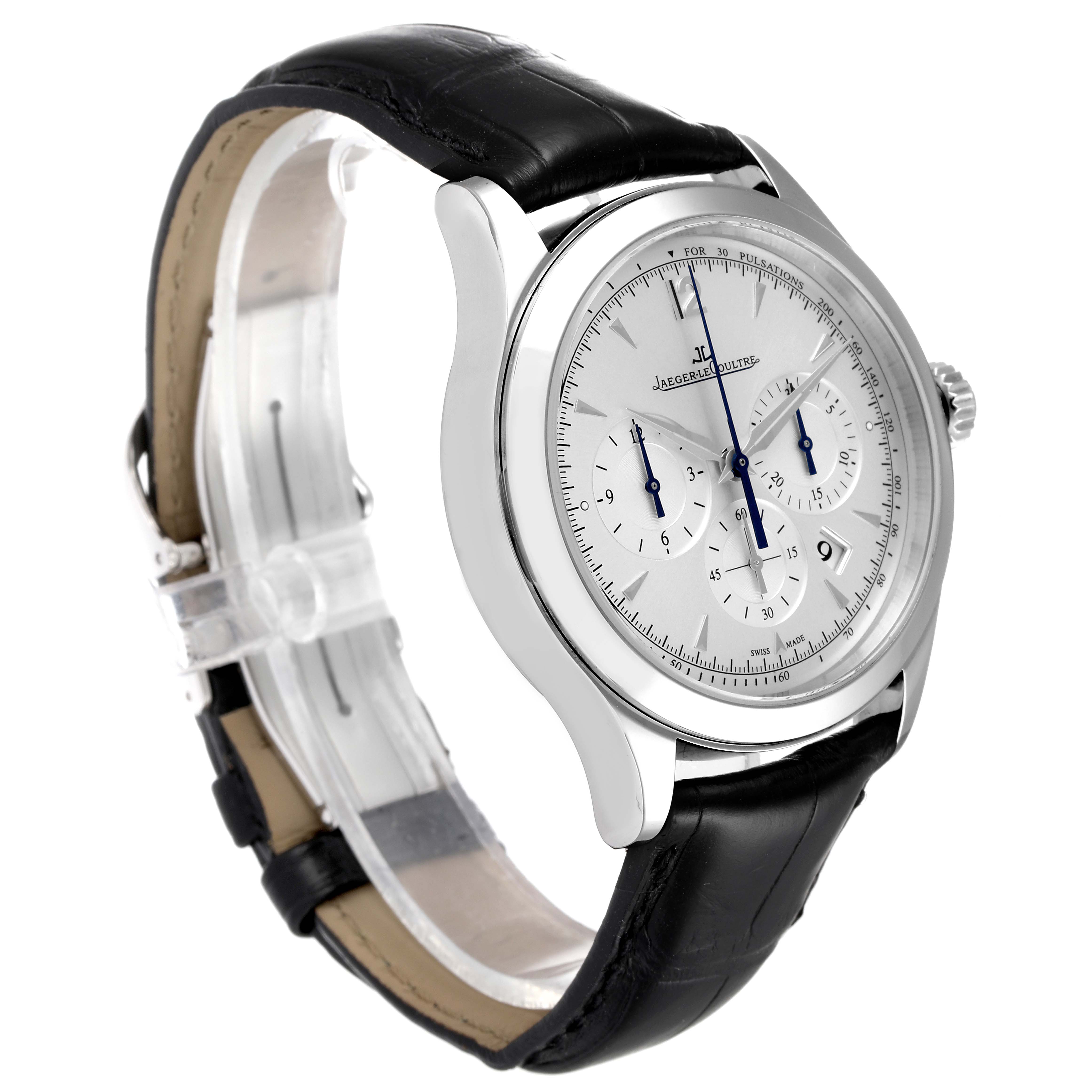 The Jaeger LeCoultre Master Q1538420 Men's Stainless Steel Silver Dial Q1538420 Men's Stainless Steel Silver Dial watch is shown at a three-quarter angle, highlighting its face, side case, and black leather strap.