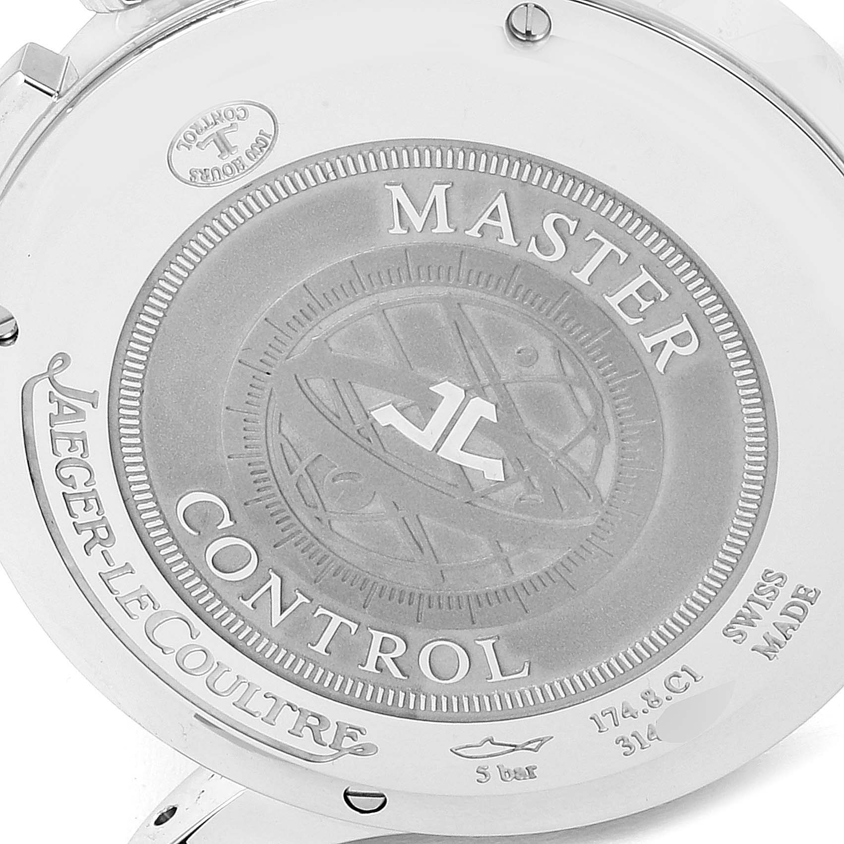 This image shows the back case of the Jaeger-LeCoultre Master Control watch.