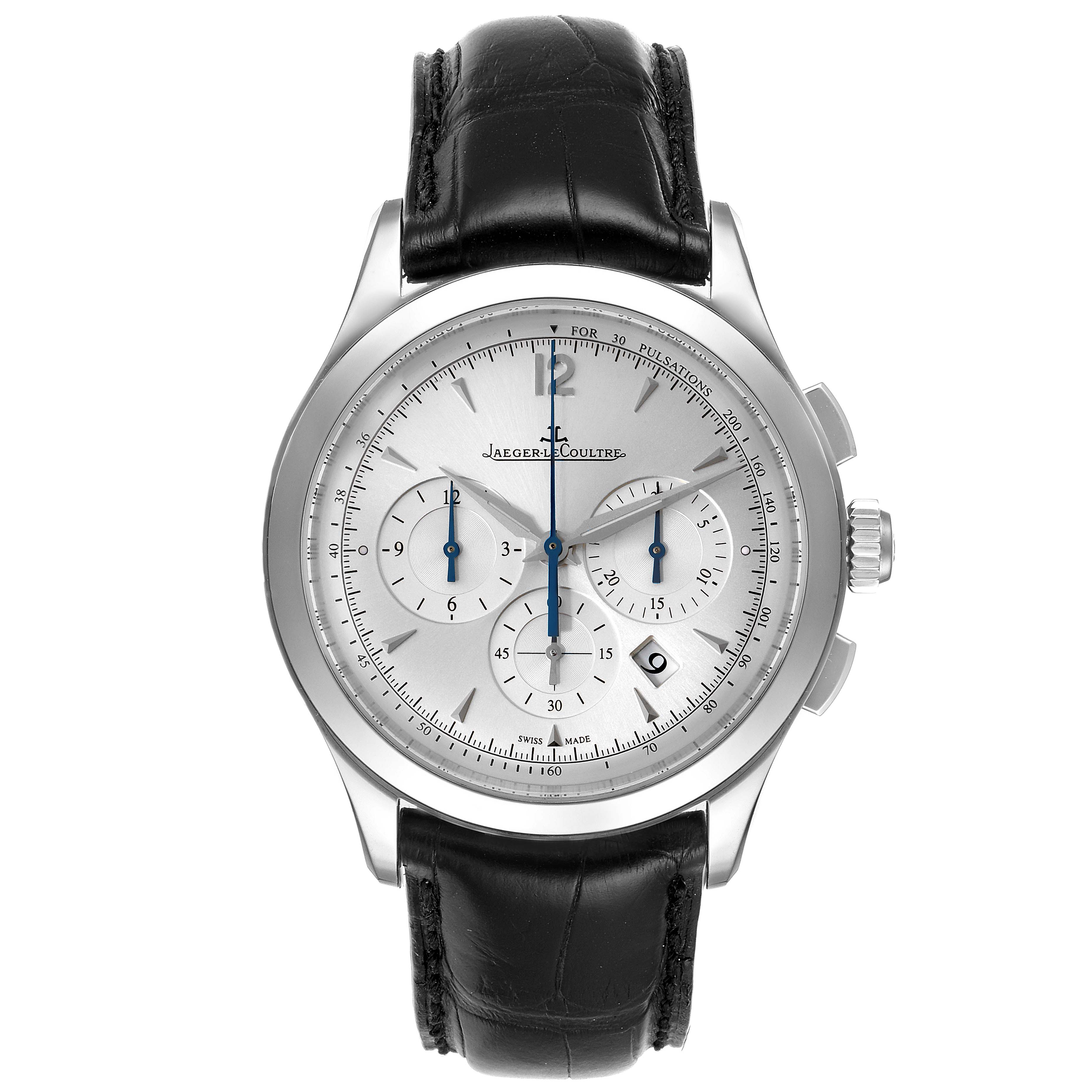 The image shows a front view of the Jaeger-LeCoultre Master model watch, displaying its dial, sub-dials, and leather strap.