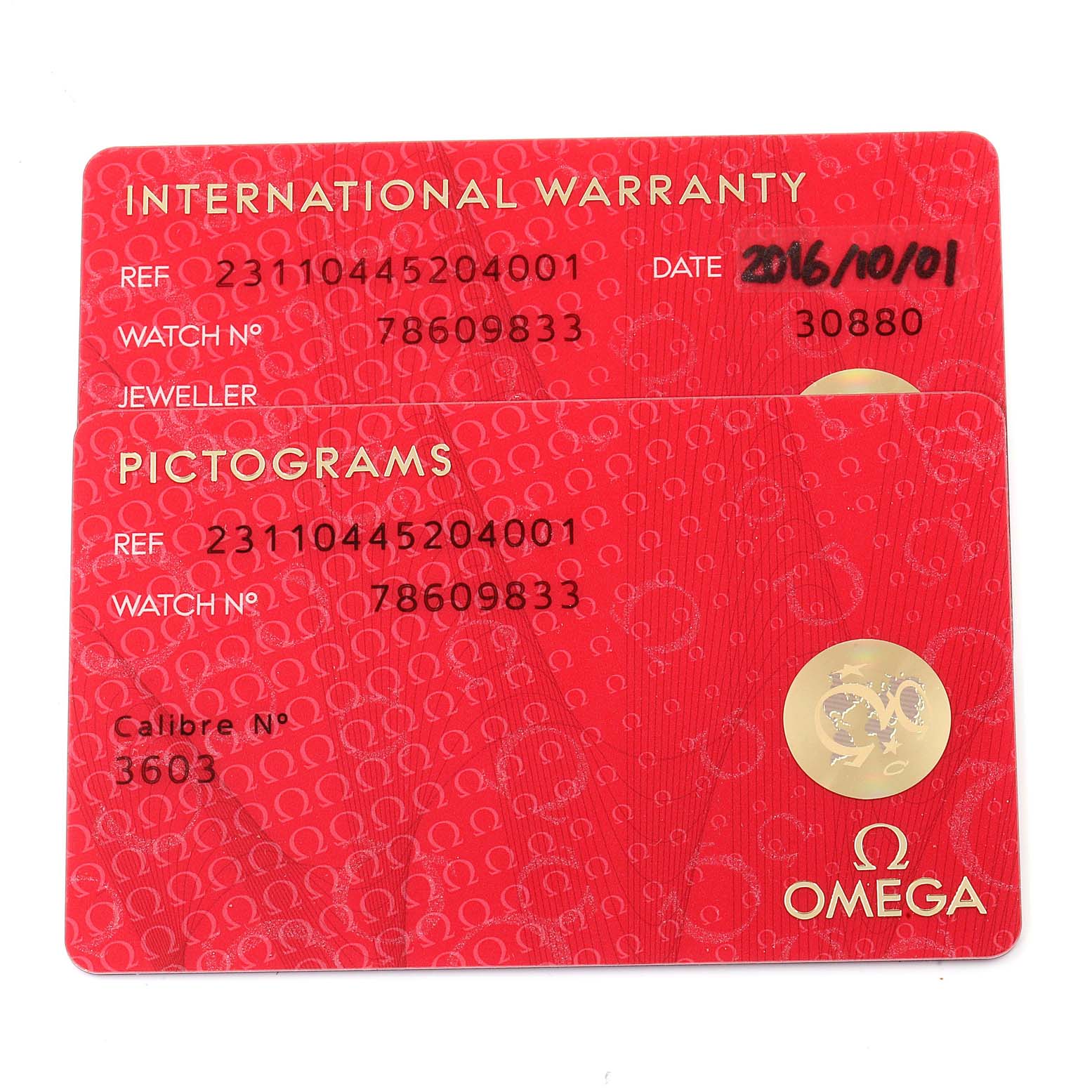 The image shows the international warranty and pictograms cards for an Omega Aqua Terra 231.10.44.52.04.001 Men's Stainless Steel White Dial 231.10.44.52.04.001 Men's Stainless Steel White Dial model watch.