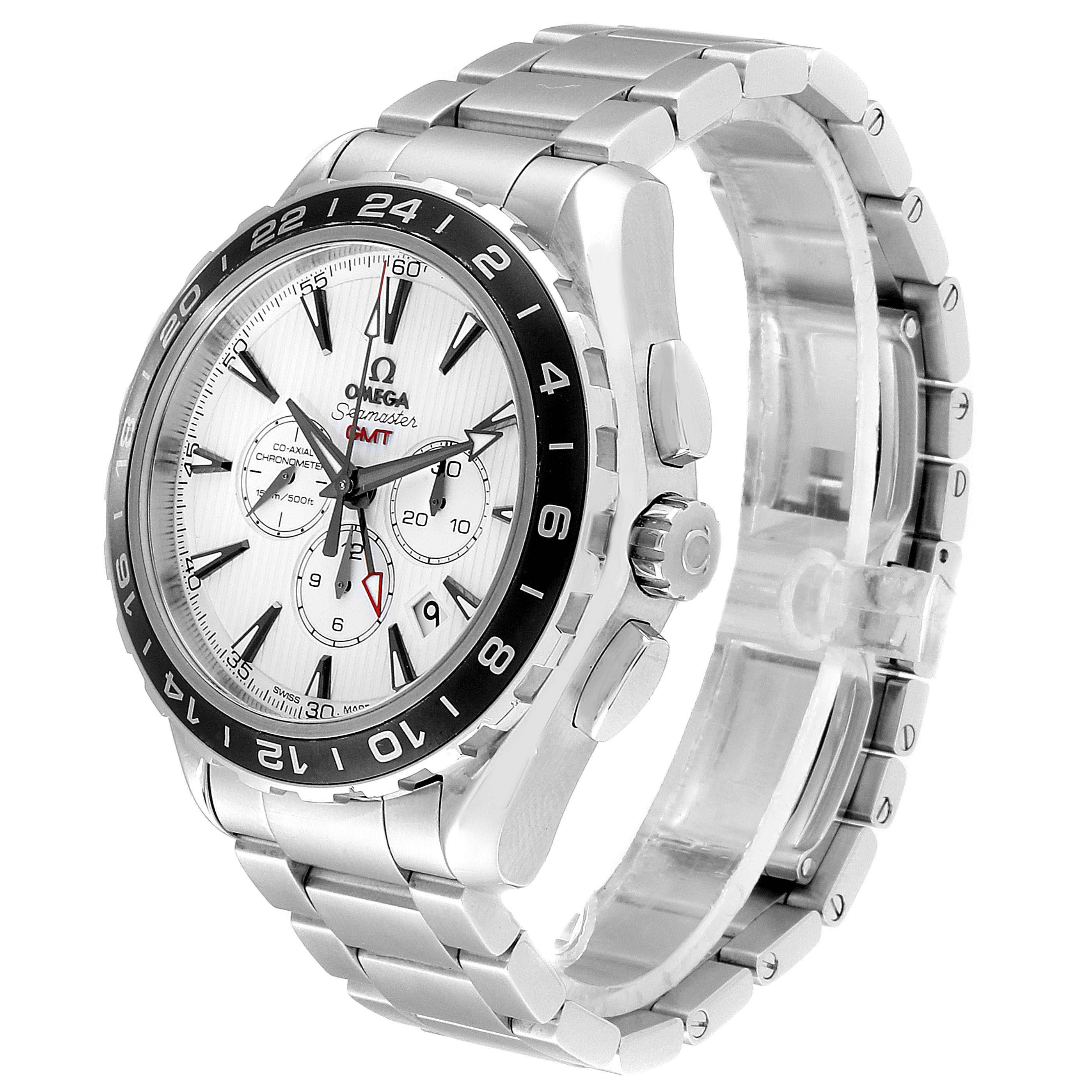 The image shows a side and front angle of an Omega Aqua Terra 231.10.44.52.04.001 Men's Stainless Steel White Dial 231.10.44.52.04.001 Men's Stainless Steel White Dial watch, highlighting its face, bezel, crown, and stainless steel bracelet.