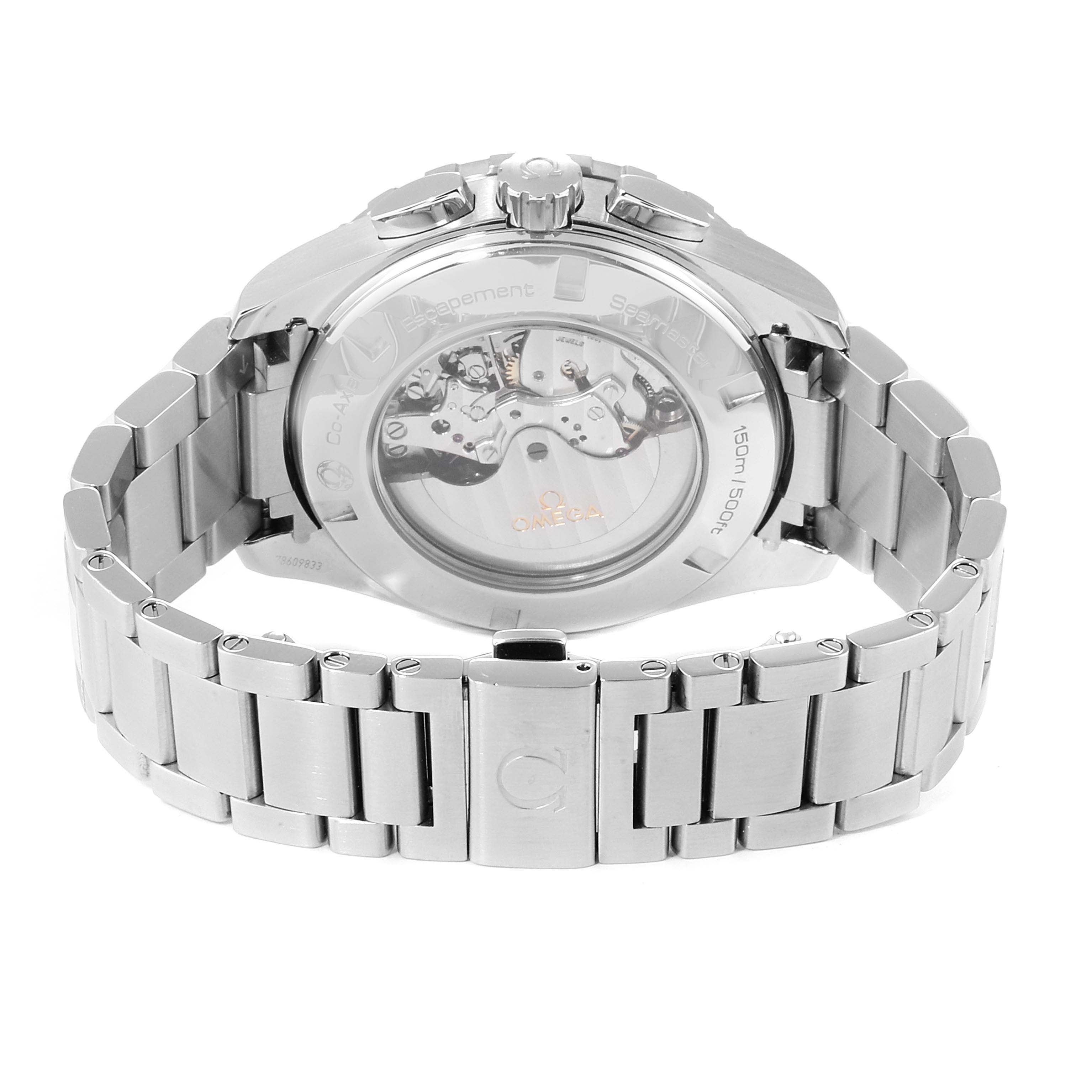 The Omega Aqua Terra 231.10.44.52.04.001 Men's Stainless Steel White Dial 231.10.44.52.04.001 Men's Stainless Steel White Dial watch is shown from the back, displaying its transparent case back and metal bracelet.