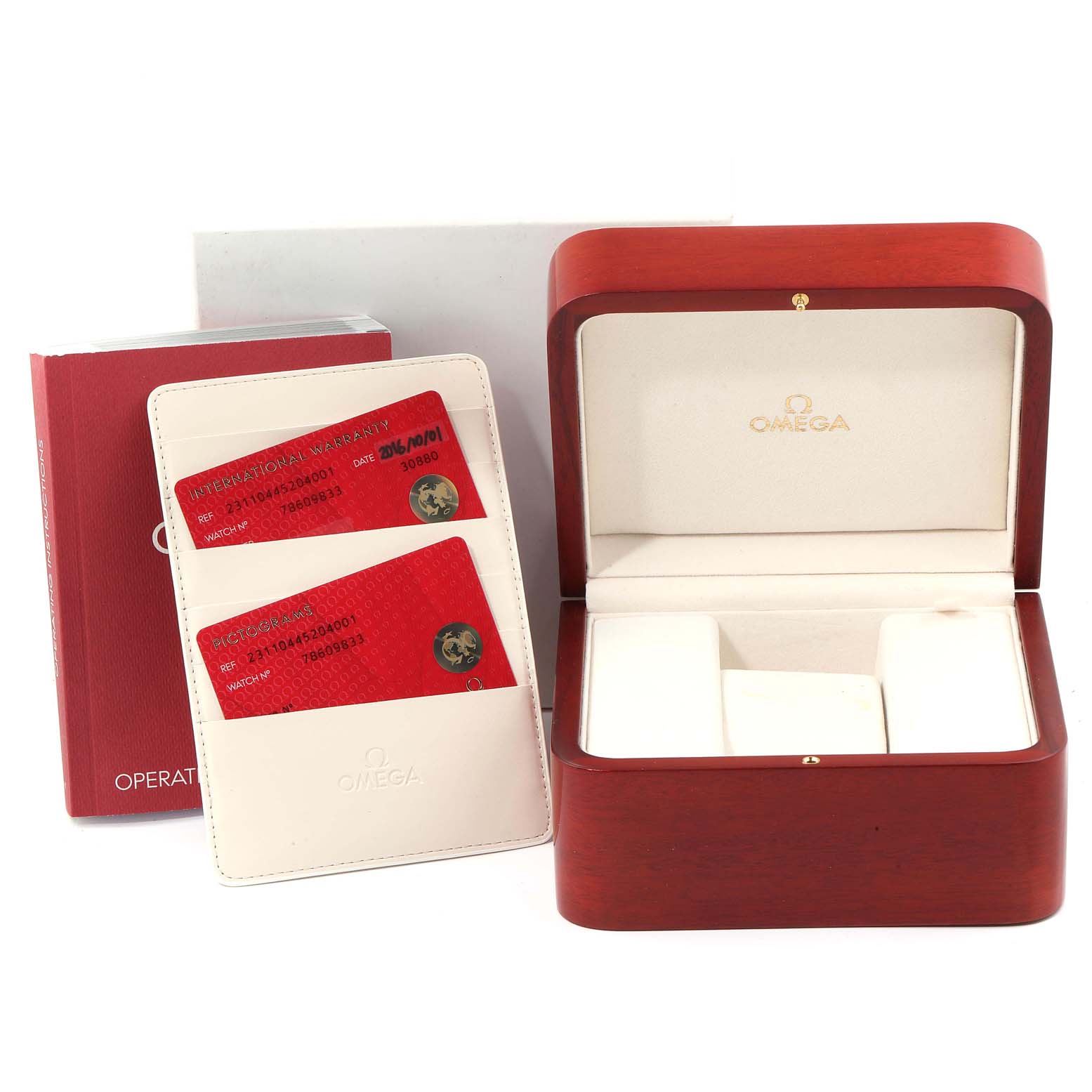 The image shows the Omega Aqua Terra 231.10.44.52.04.001 Men's Stainless Steel White Dial 231.10.44.52.04.001 Men's Stainless Steel White Dial watch box, warranty cards, cardholder, and operating instructions booklet.