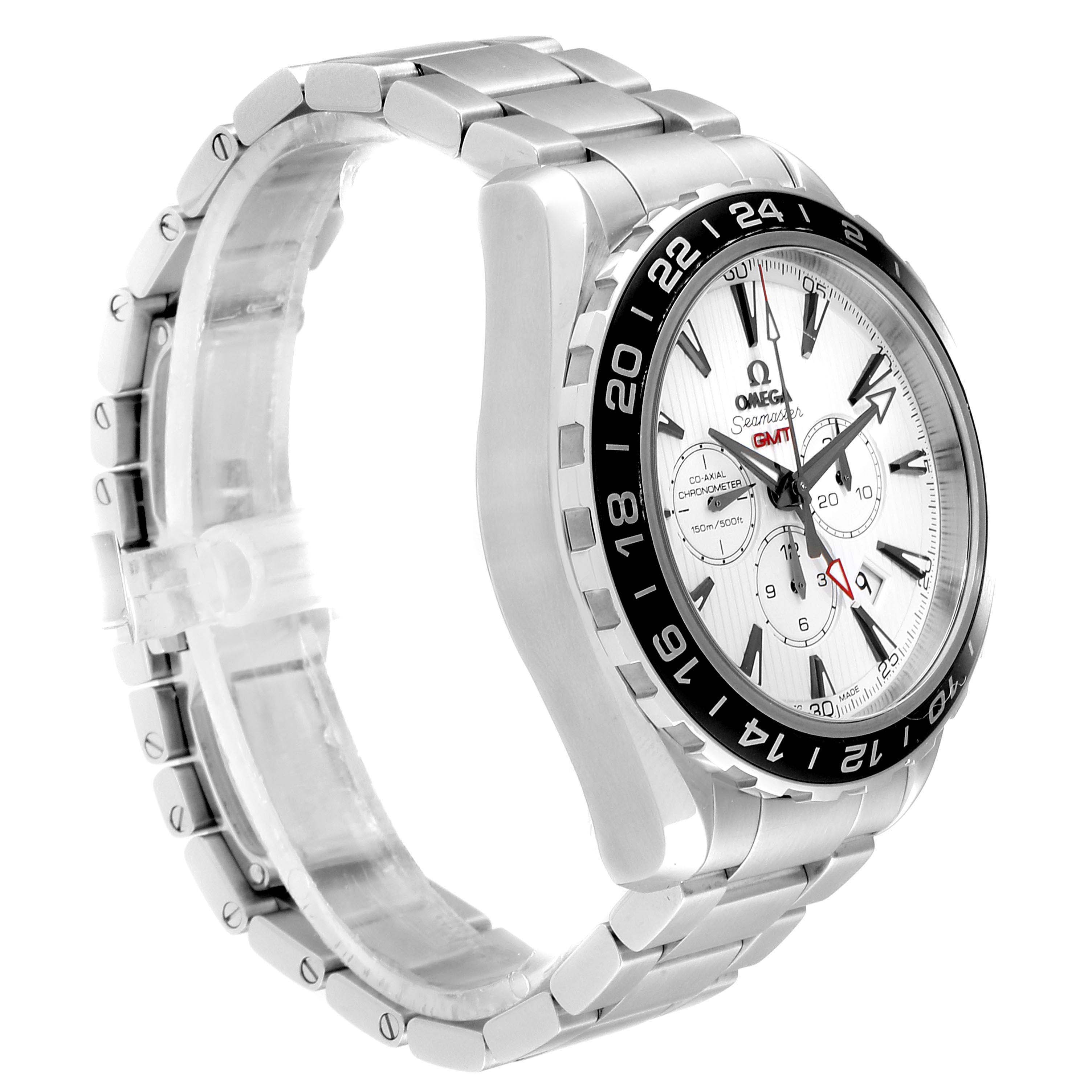 This image shows the Omega Aqua Terra 231.10.44.52.04.001 Men's Stainless Steel White Dial 231.10.44.52.04.001 Men's Stainless Steel White Dial watch from a side view, emphasizing its metal band and bezel.