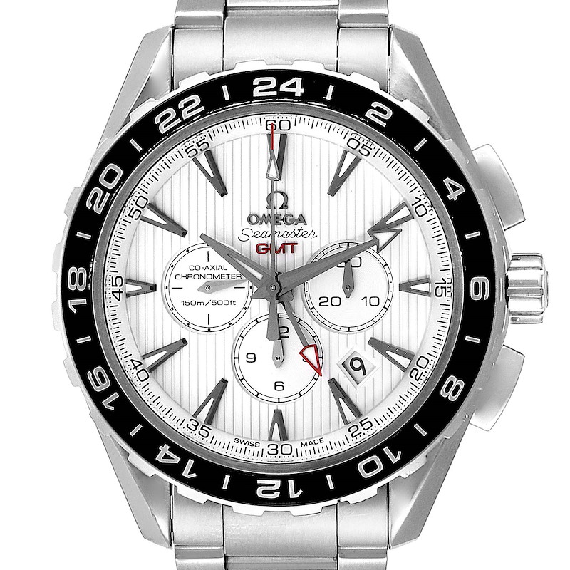 The image shows a frontal view of an Omega Aqua Terra 231.10.44.52.04.001 Men's Stainless Steel White Dial 231.10.44.52.04.001 Men's Stainless Steel White Dial watch, displaying its dial, bezel, and bracelet.