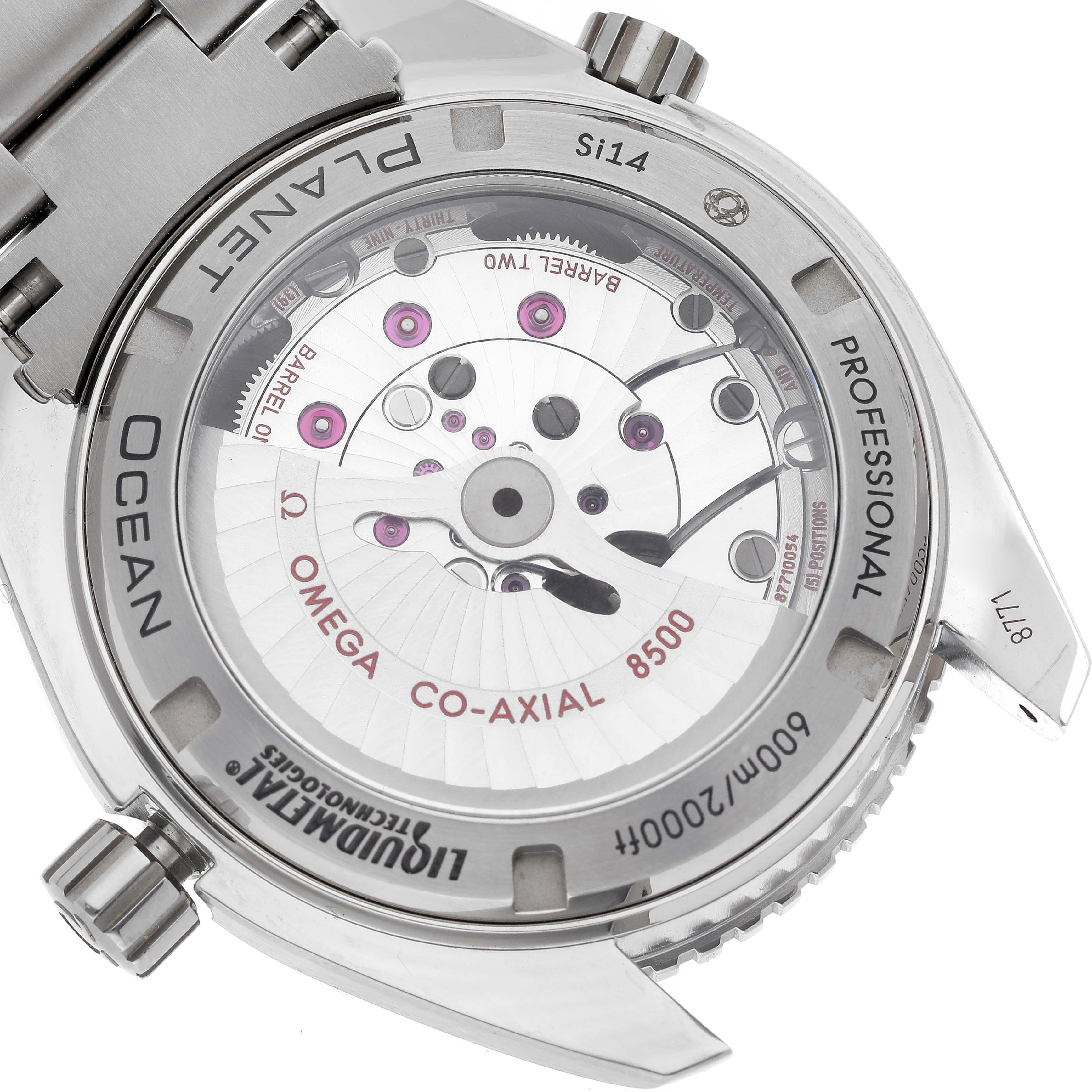 The image shows the back of the Omega Planet Ocean 232.90.42.21.03.001 Men's Titanium Blue Dial 232.90.42.21.03.001 Men's Titanium Blue Dial watch, highlighting its Co-Axial 8500 movement and transparent case back.