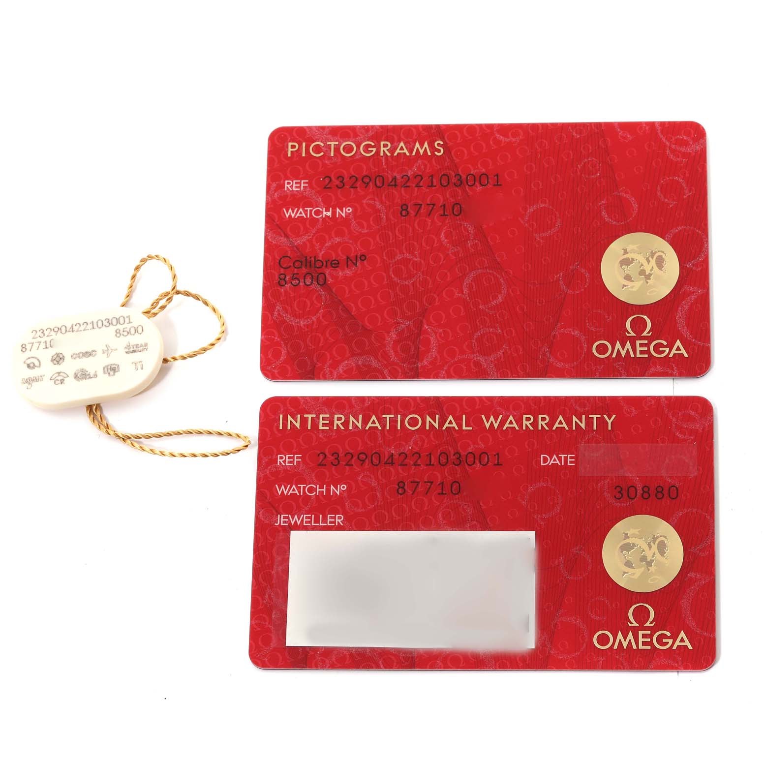 The image shows a red pictogram card, an international warranty card, and a tag for the Omega Planet Ocean 232.90.42.21.03.001 Men's Titanium Blue Dial 232.90.42.21.03.001 Men's Titanium Blue Dial watch model.