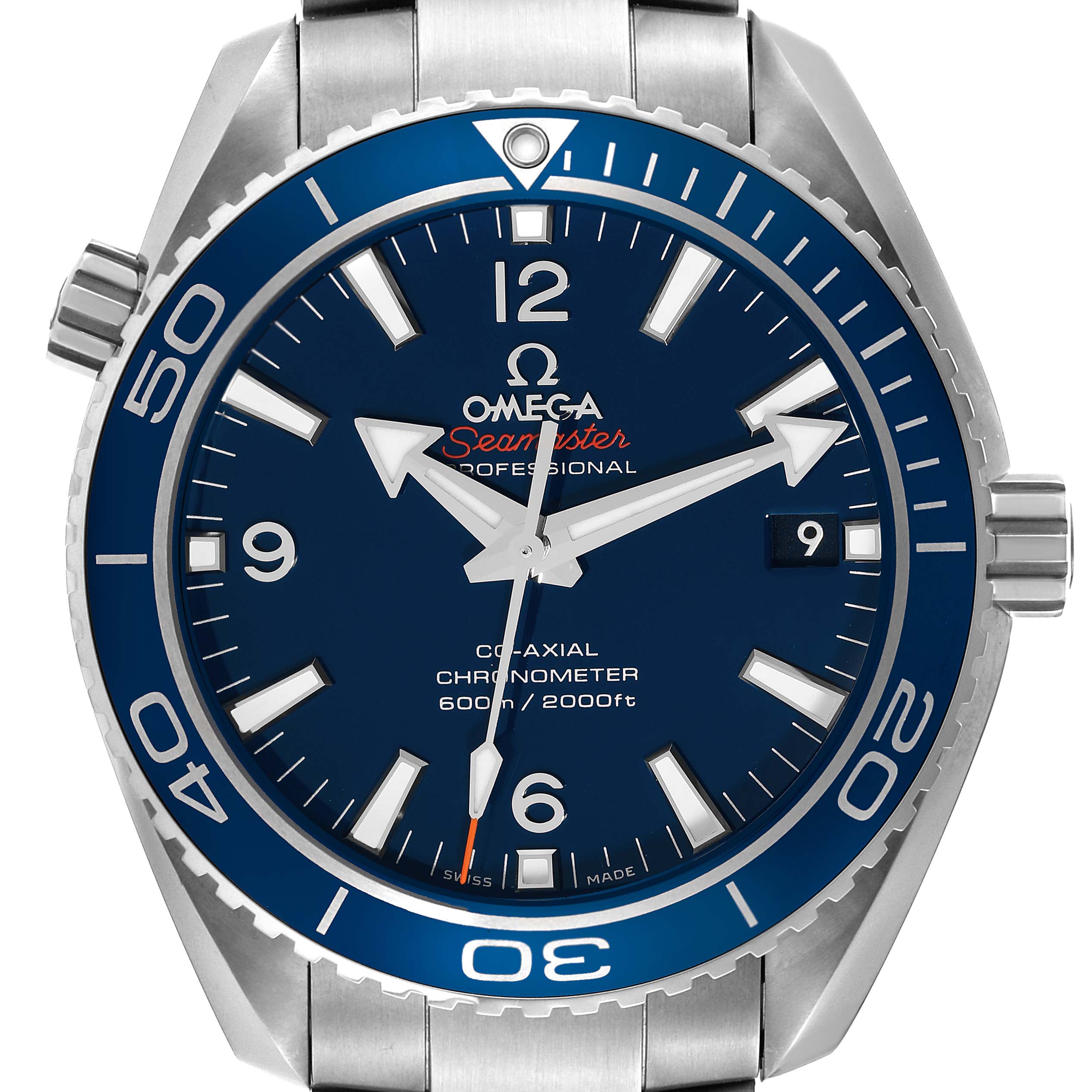 This is a front-angle view of the Omega Planet Ocean 232.90.42.21.03.001 Men's Titanium Blue Dial 232.90.42.21.03.001 Men's Titanium Blue Dial Seamaster watch showcasing the dial and bezel.