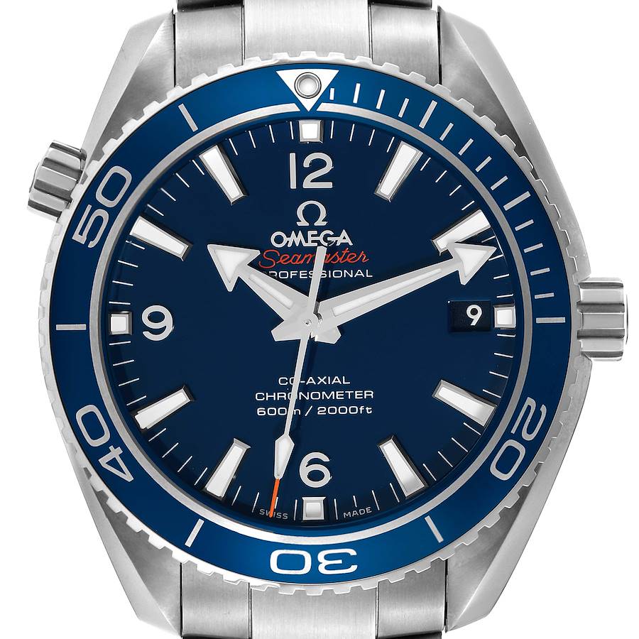This is a front-angle view of the Omega Planet Ocean 232.90.42.21.03.001 Men's Titanium Blue Dial 232.90.42.21.03.001 Men's Titanium Blue Dial Seamaster watch showcasing the dial and bezel.