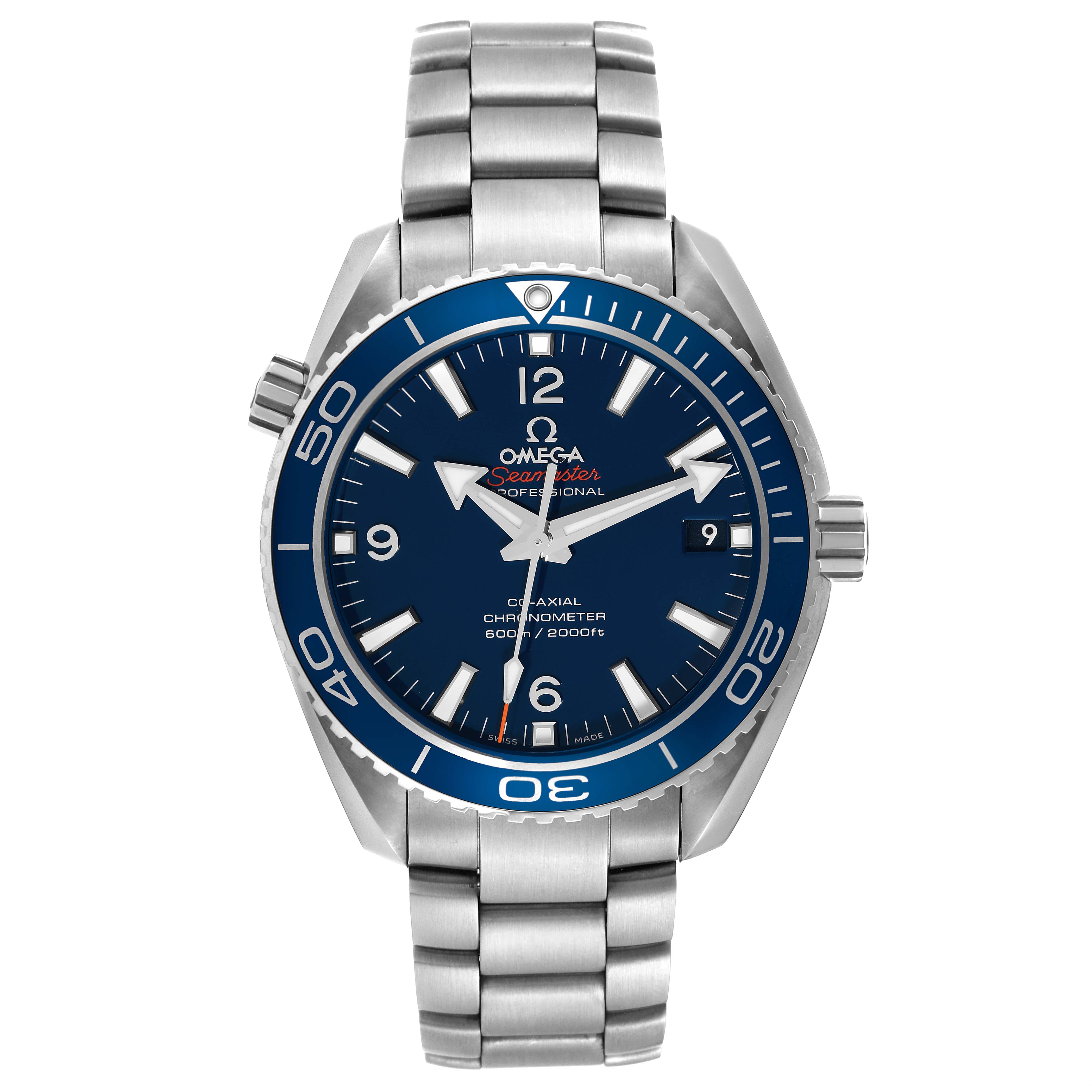 The Omega Planet Ocean 232.90.42.21.03.001 Men's Titanium Blue Dial 232.90.42.21.03.001 Men's Titanium Blue Dial watch is shown from a front angle, displaying the face, bezel, and metal bracelet.