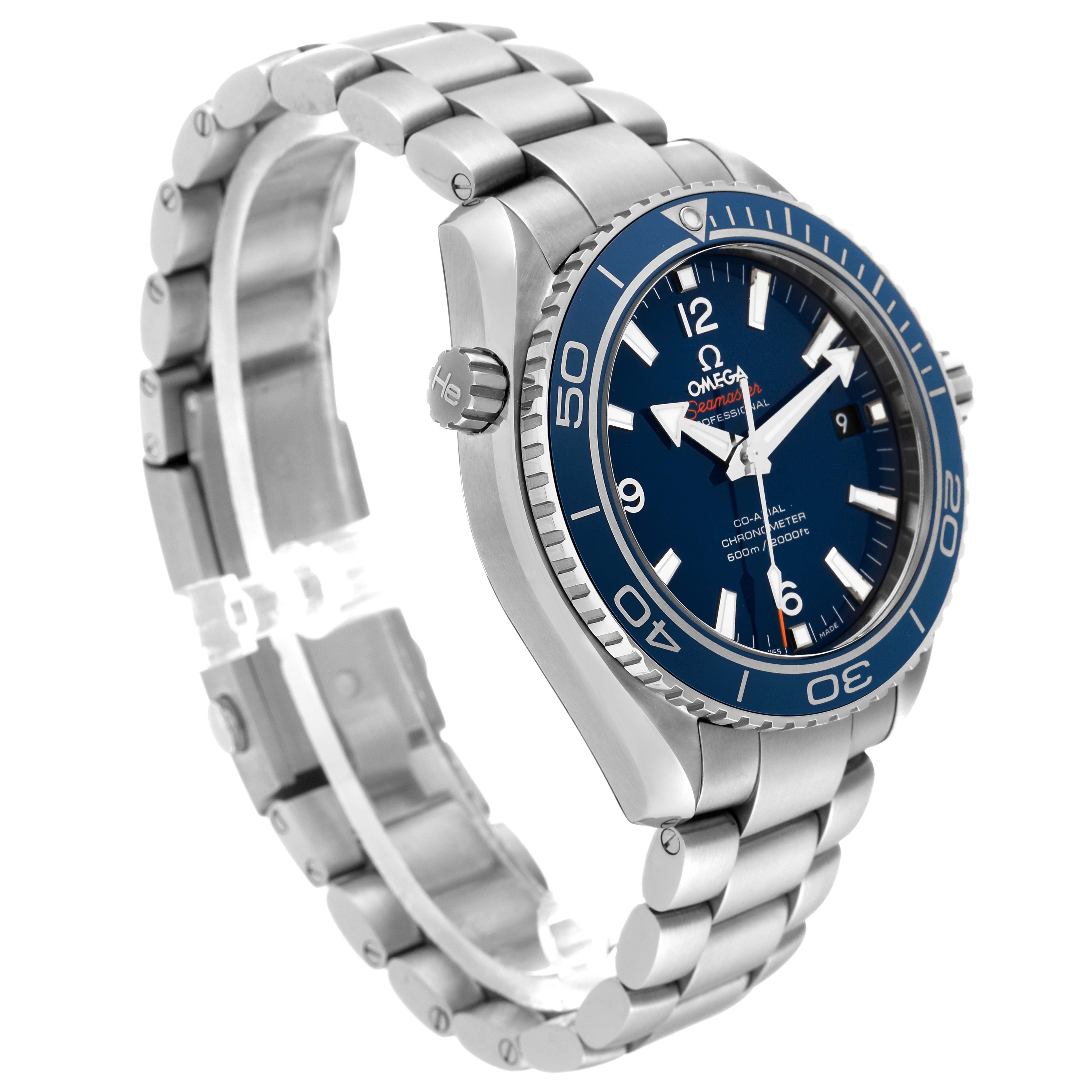 The image shows a side angle of the Omega Planet Ocean 232.90.42.21.03.001 Men's Titanium Blue Dial 232.90.42.21.03.001 Men's Titanium Blue Dial watch, highlighting its blue bezel, dial, and metal bracelet.