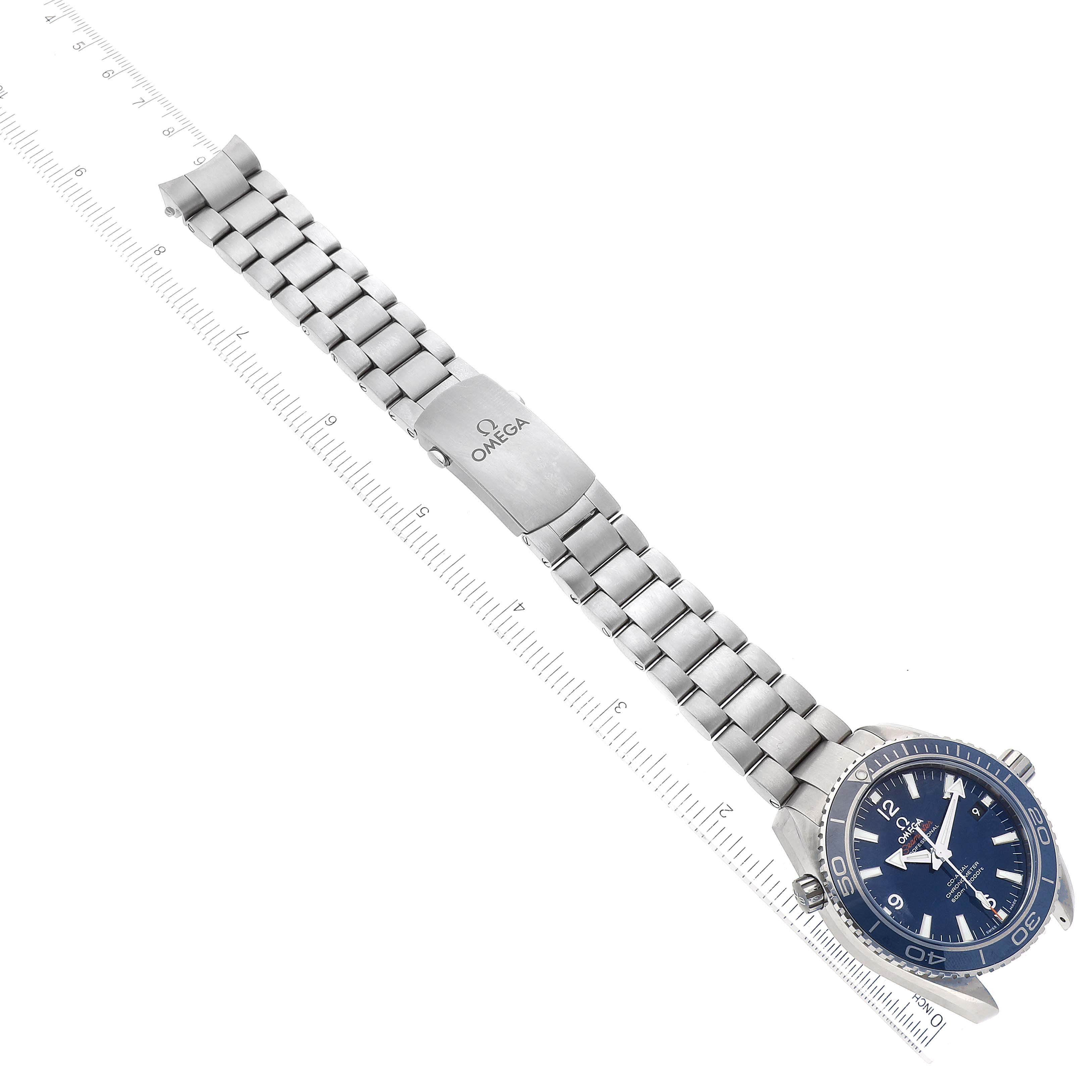 This Omega Planet Ocean 232.90.42.21.03.001 Men's Titanium Blue Dial 232.90.42.21.03.001 Men's Titanium Blue Dial watch is shown at an oblique angle, displaying its full metal bracelet and watch face.