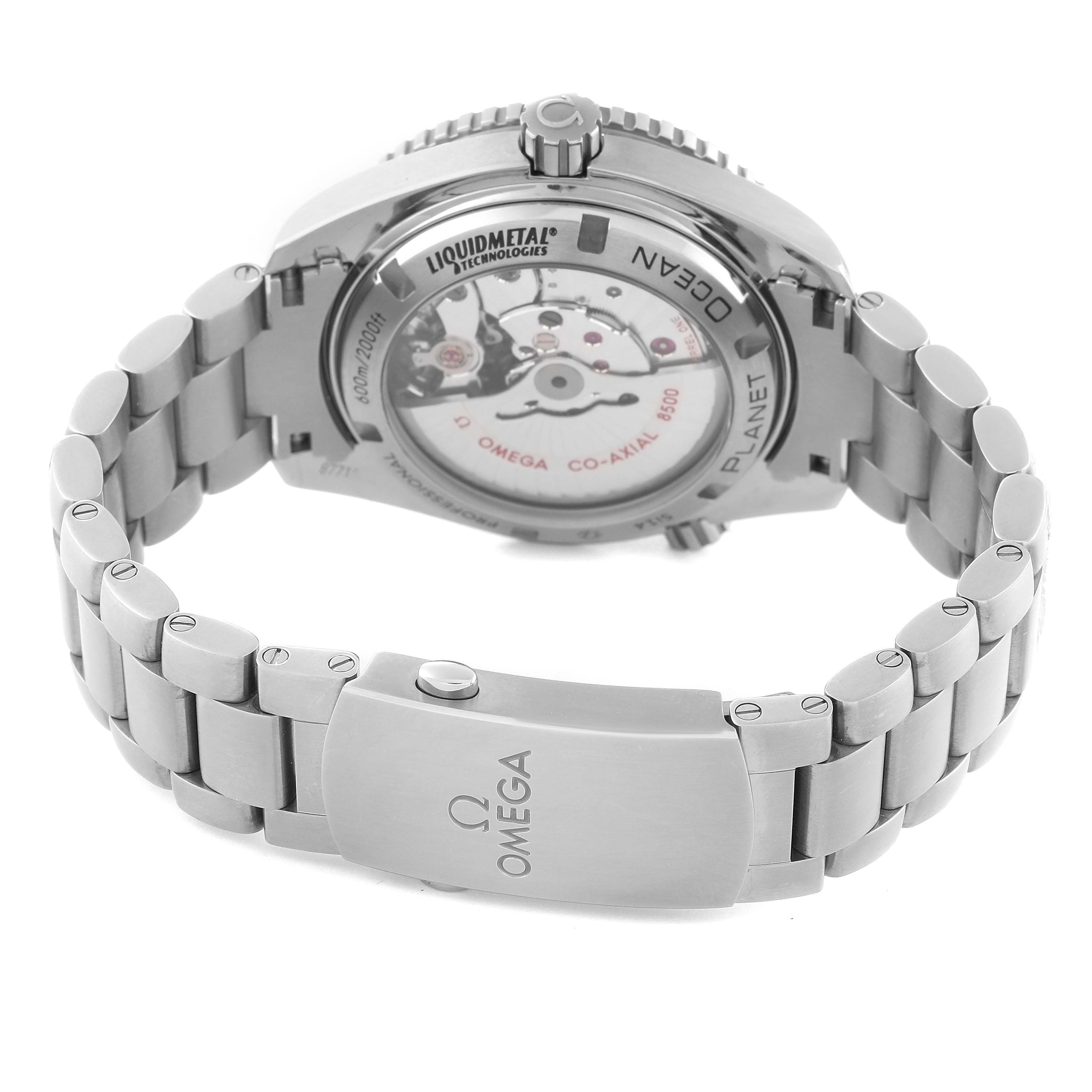 The image shows the back and bracelet of an Omega Planet Ocean 232.90.42.21.03.001 Men's Titanium Blue Dial 232.90.42.21.03.001 Men's Titanium Blue Dial watch, highlighting the movement and clasp.