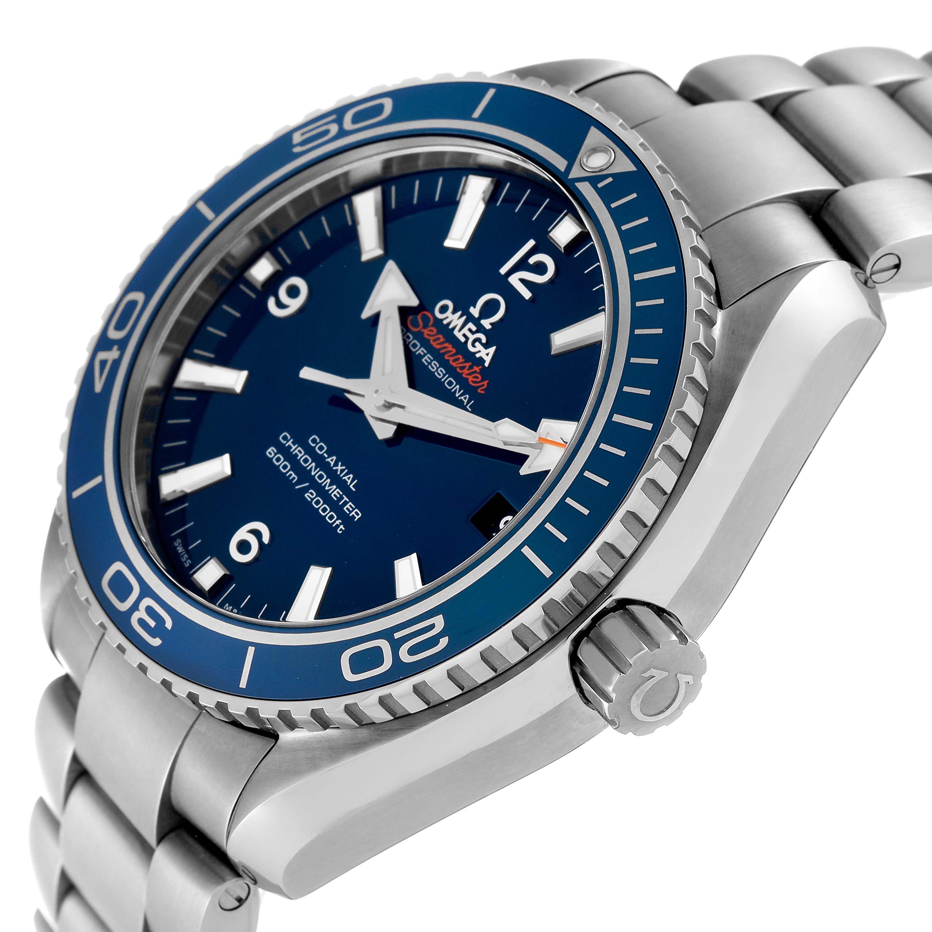 The image shows an angled close-up of the Omega Planet Ocean 232.90.42.21.03.001 Men's Titanium Blue Dial 232.90.42.21.03.001 Men's Titanium Blue Dial watch, highlighting the bezel, dial, and bracelet.