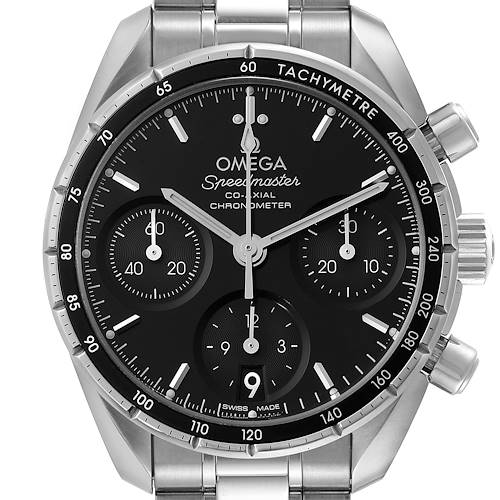 This image shows a front view of the Omega Speedmaster 324.30.38.50.01.001 Men's Stainless Steel Black Dial 324.30.38.50.01.001 Men's Stainless Steel Black Dial watch, highlighting its black dial, chronograph subdials, and tachymeter bezel.