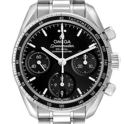 The Omega Speedmaster 324.30.38.50.01.001 Men's Stainless Steel Black Dial 324.30.38.50.01.001 Men's Stainless Steel Black Dial watch is shown from the front, highlighting the face, bezel, and stainless steel bracelet.