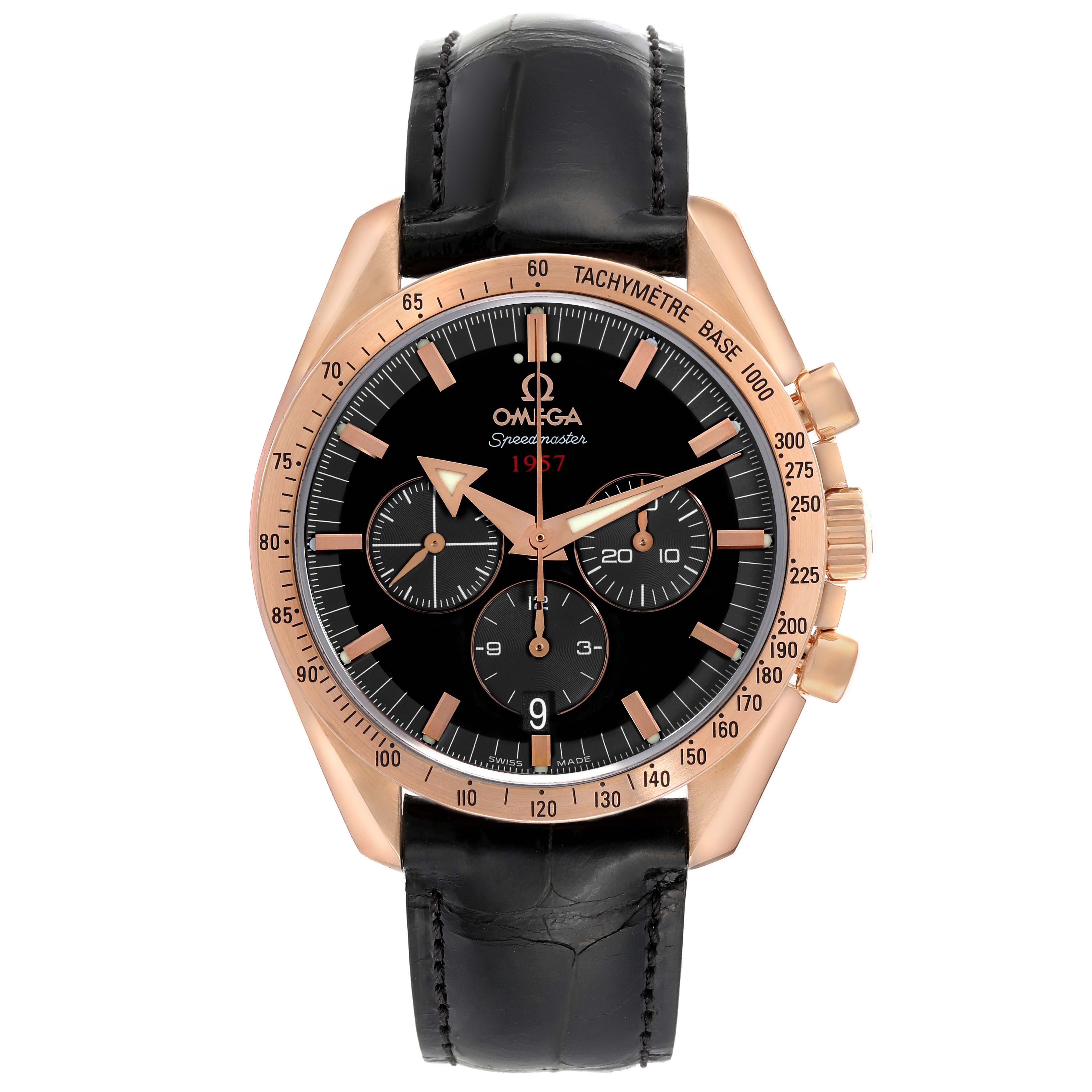 The Omega Speedmaster 321.53.42.50.01.001 Men's Rose Gold Black Dial 321.53.42.50.01.001 Men's Rose Gold Black Dial watch is shown from a front angle, displaying the dial, bezel, and leather strap.