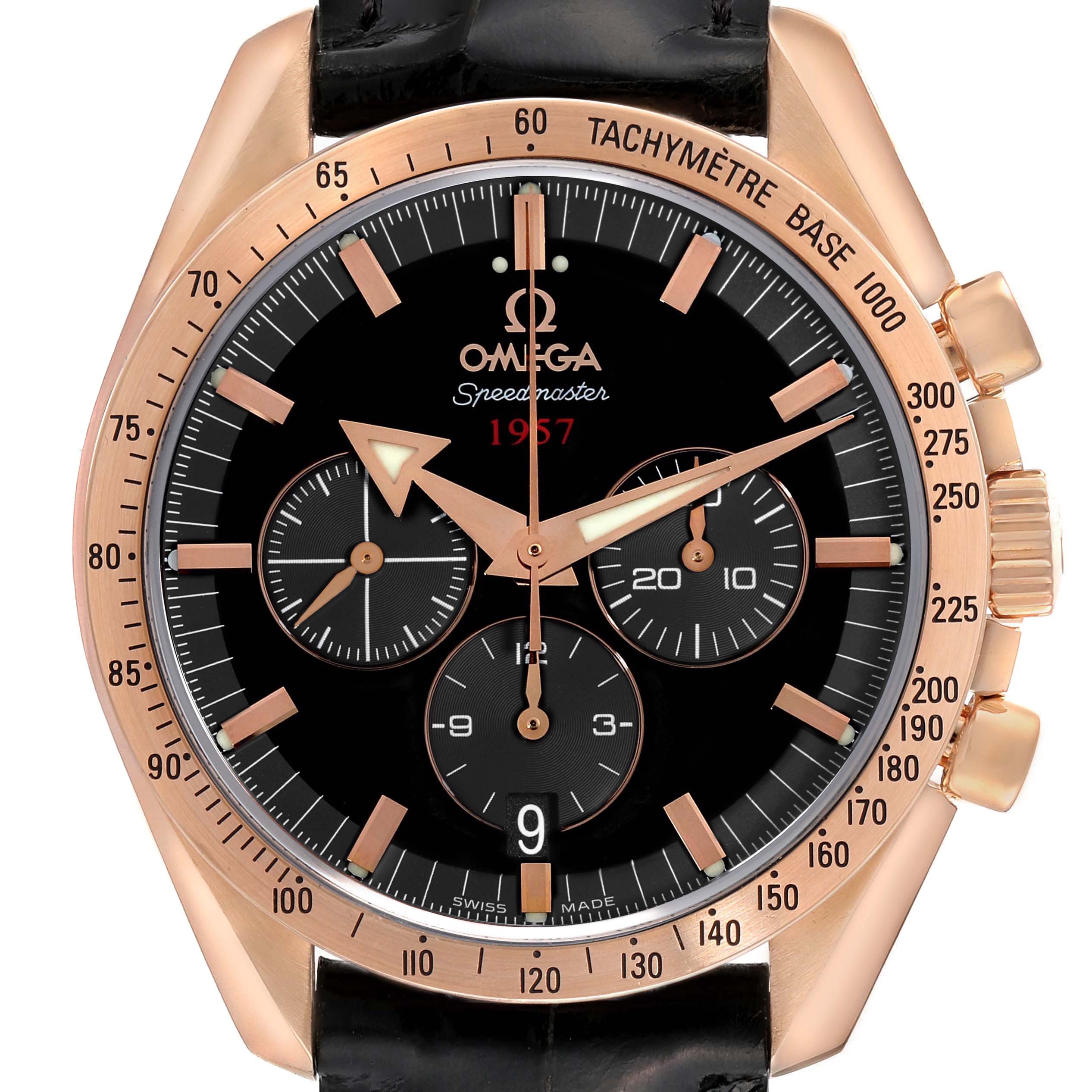 The Omega Speedmaster 321.53.42.50.01.001 Men's Rose Gold Black Dial 321.53.42.50.01.001 Men's Rose Gold Black Dial is shown from a front angle, highlighting the black dial, rose gold case, and tachymeter bezel.