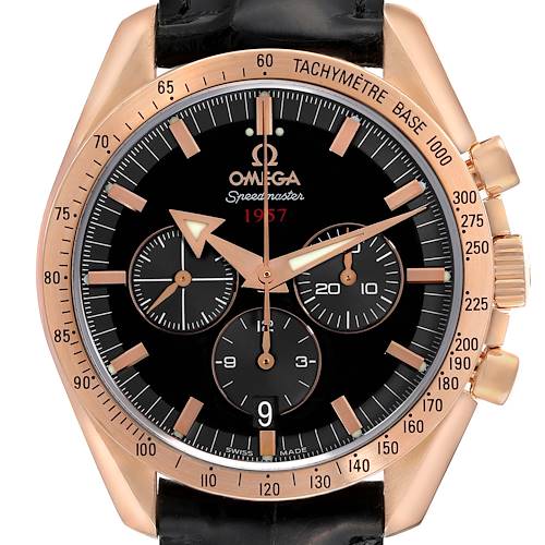 The Omega Speedmaster 321.53.42.50.01.001 Men's Rose Gold Black Dial 321.53.42.50.01.001 Men's Rose Gold Black Dial watch is shown from a front angle, highlighting the dial, tachymeter, subdials, and crown.