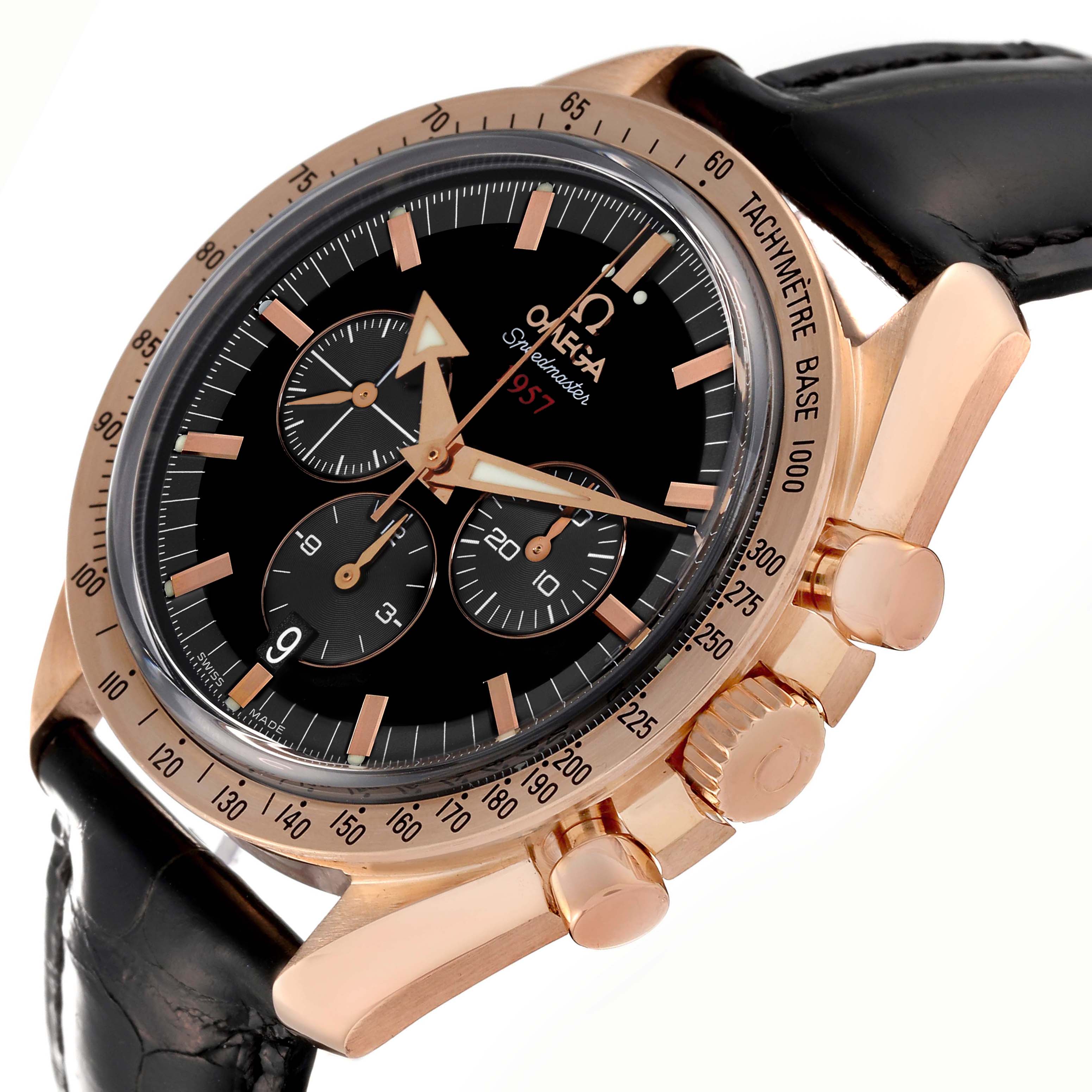 The Omega Speedmaster 321.53.42.50.01.001 Men's Rose Gold Black Dial 321.53.42.50.01.001 Men's Rose Gold Black Dial watch is shown at an angle highlighting the gold case, black dial, subdials, crown, pushers, and leather strap.