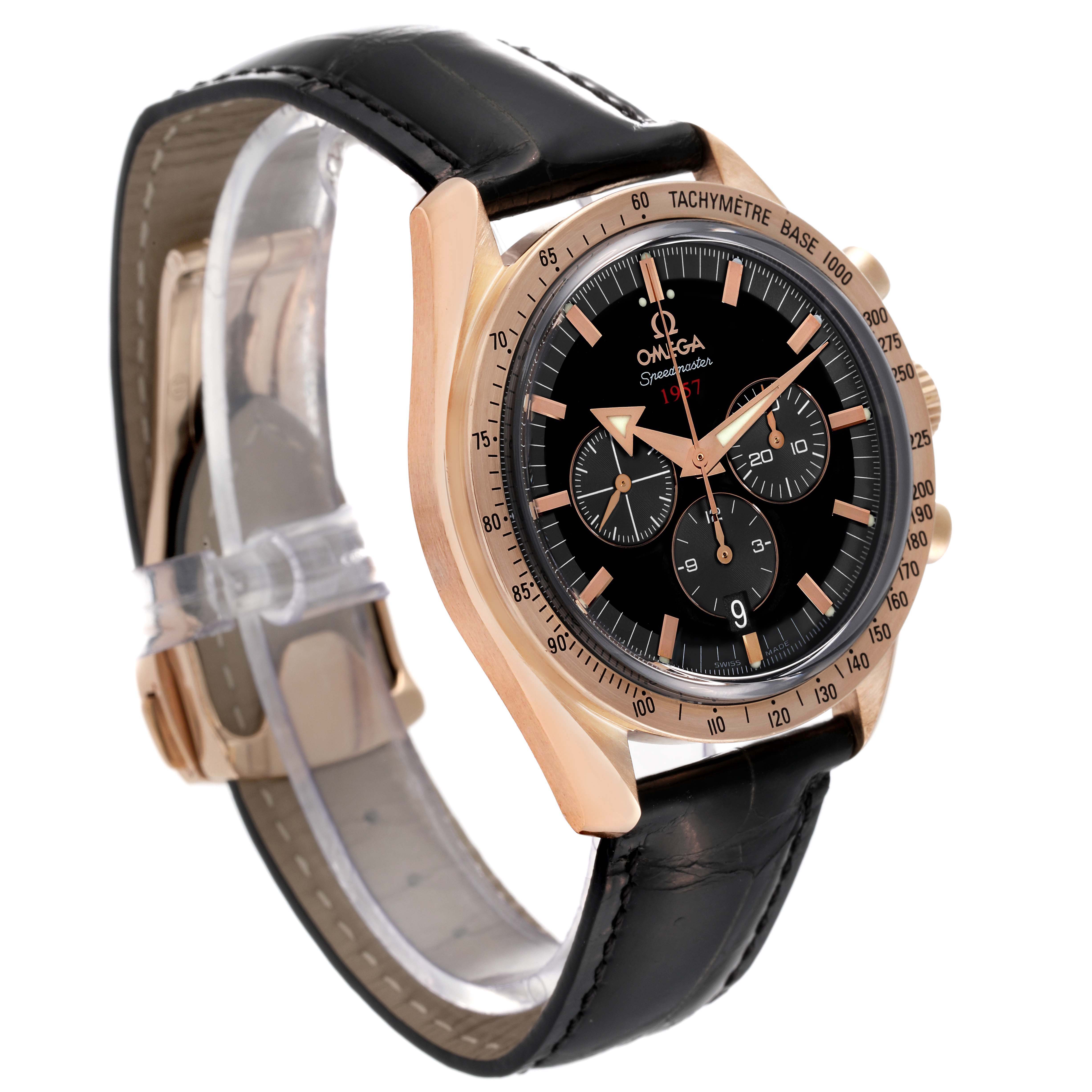 The Omega Speedmaster 321.53.42.50.01.001 Men's Rose Gold Black Dial 321.53.42.50.01.001 Men's Rose Gold Black Dial watch is shown at a 3/4 angle, highlighting the face, bezel, case, and leather strap.