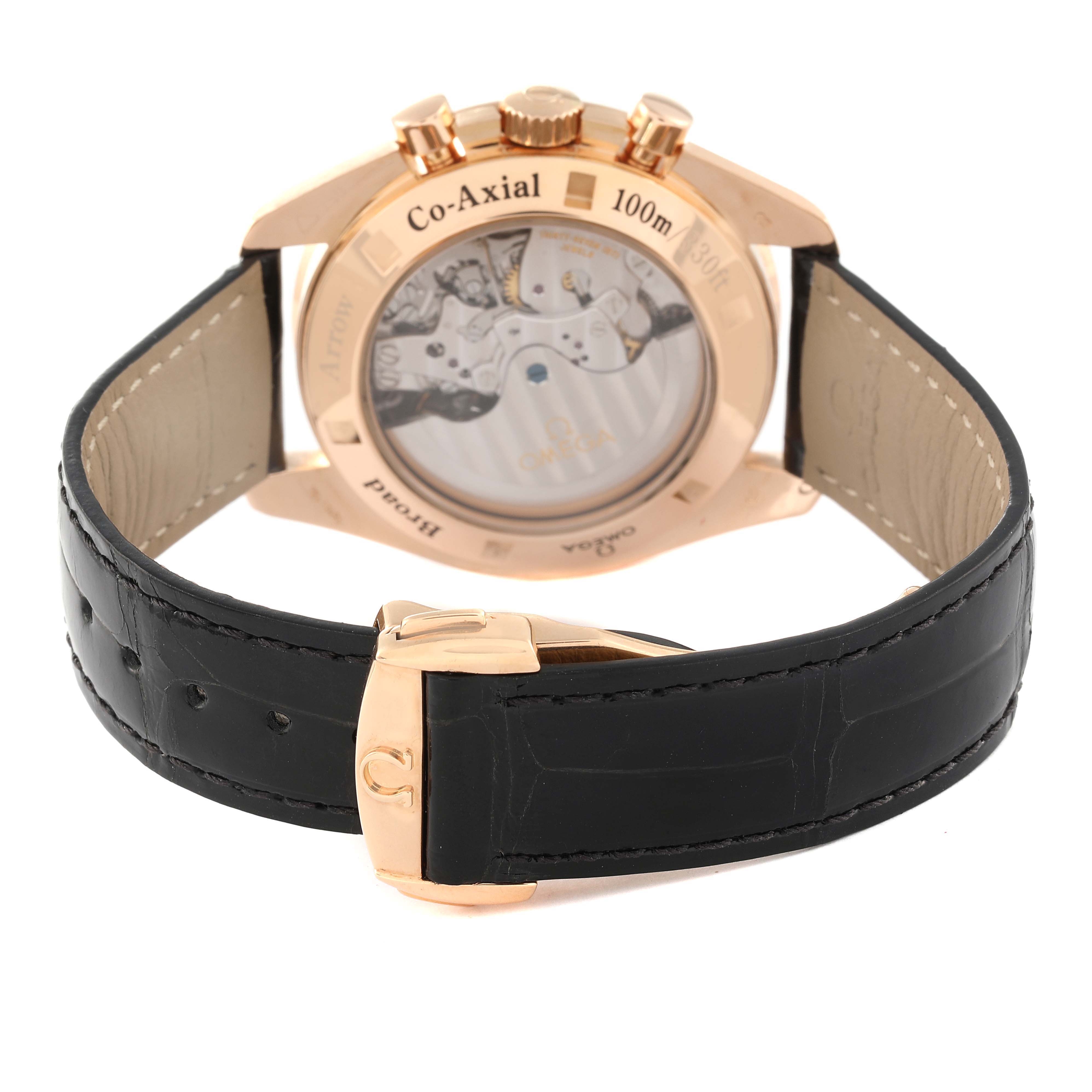 The image shows the rear view of an Omega Speedmaster 321.53.42.50.01.001 Men's Rose Gold Black Dial 321.53.42.50.01.001 Men's Rose Gold Black Dial watch, including the transparent case back and black leather strap.