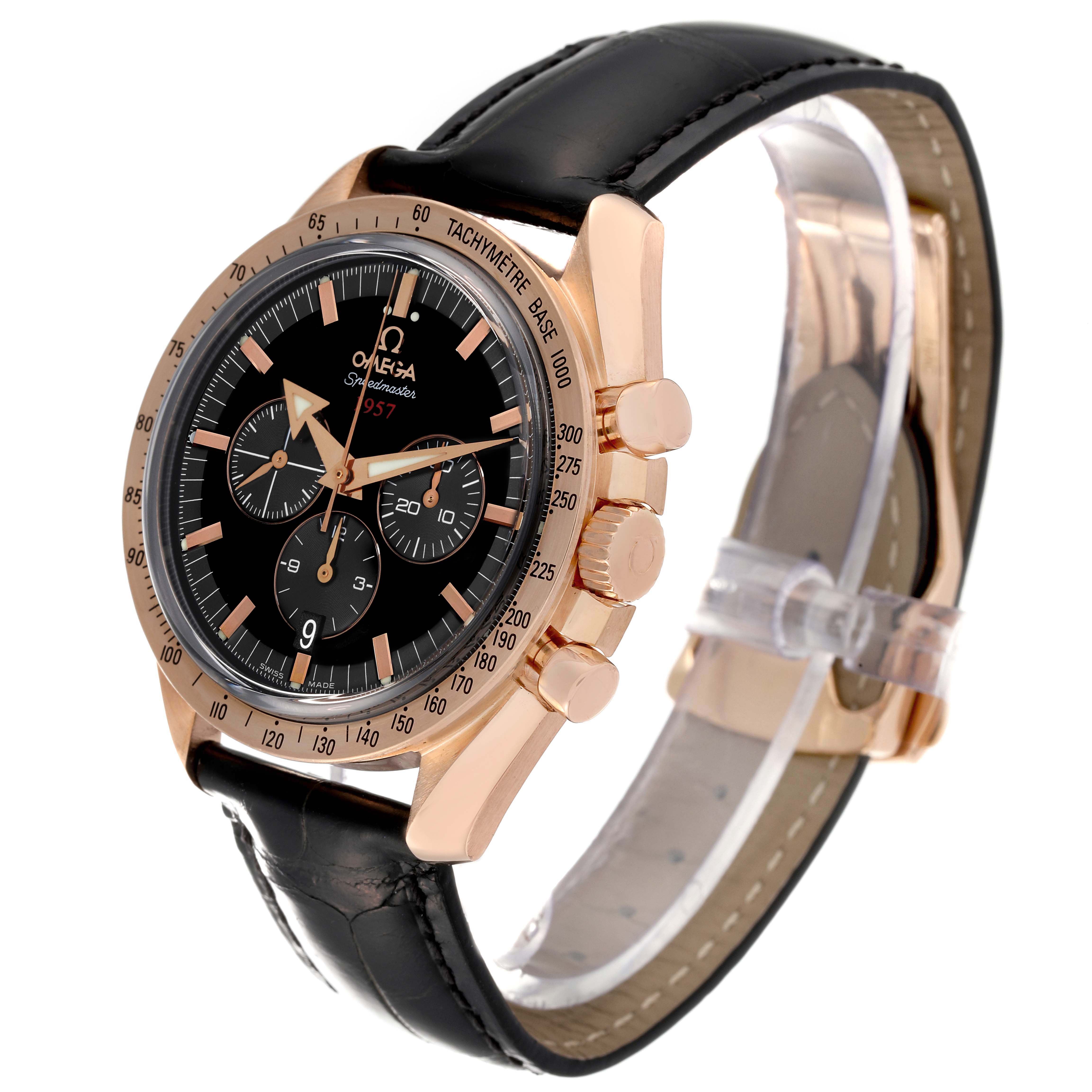 The Omega Speedmaster 321.53.42.50.01.001 Men's Rose Gold Black Dial 321.53.42.50.01.001 Men's Rose Gold Black Dial watch is shown at a three-quarter angle revealing the face, crown, and strap.